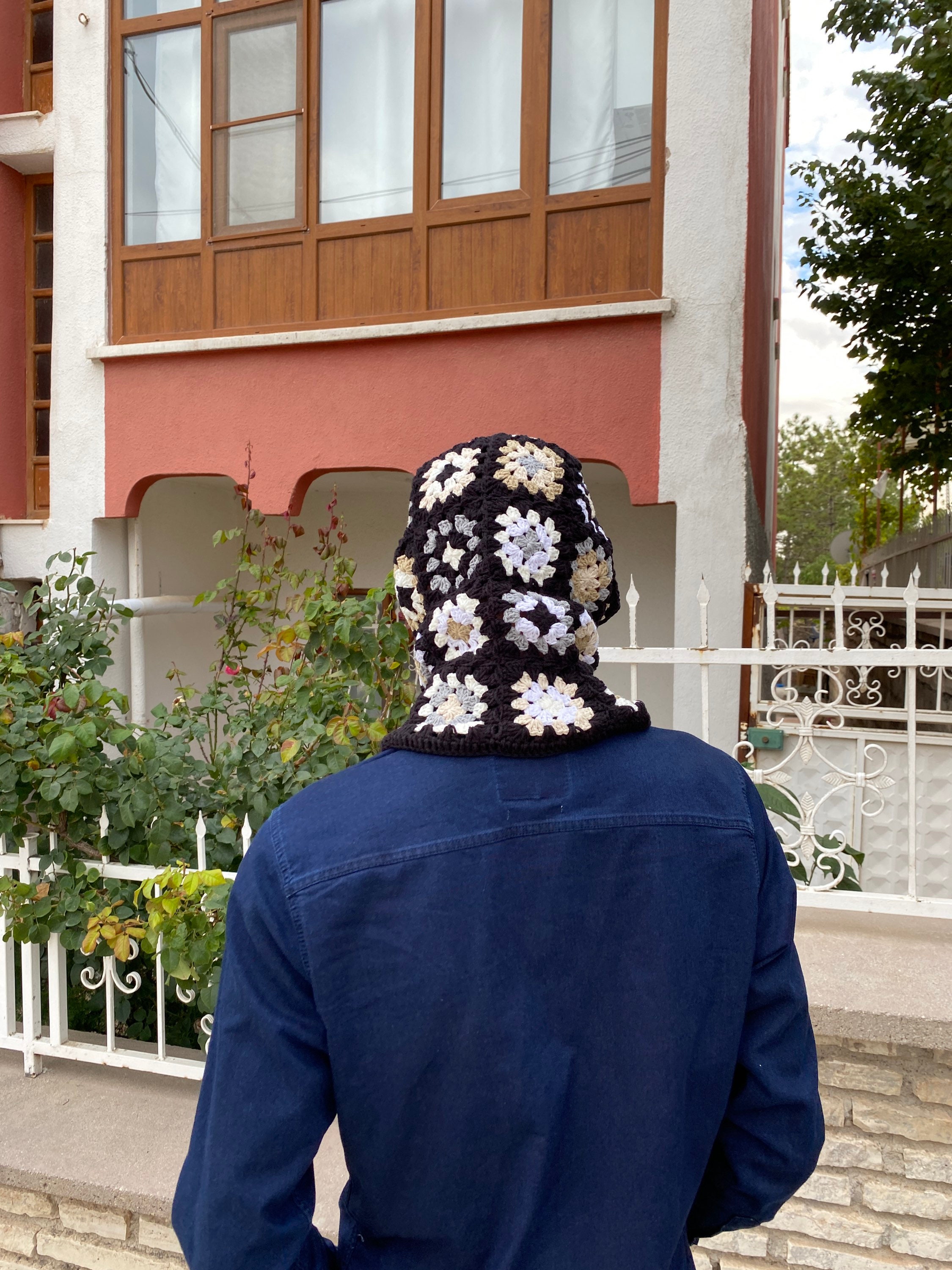 Black White Balaclava, Granny Square Hoodie, Unisex Balaclava, Winter Full Face Mask, Granny Squa... — photo 3 of 10