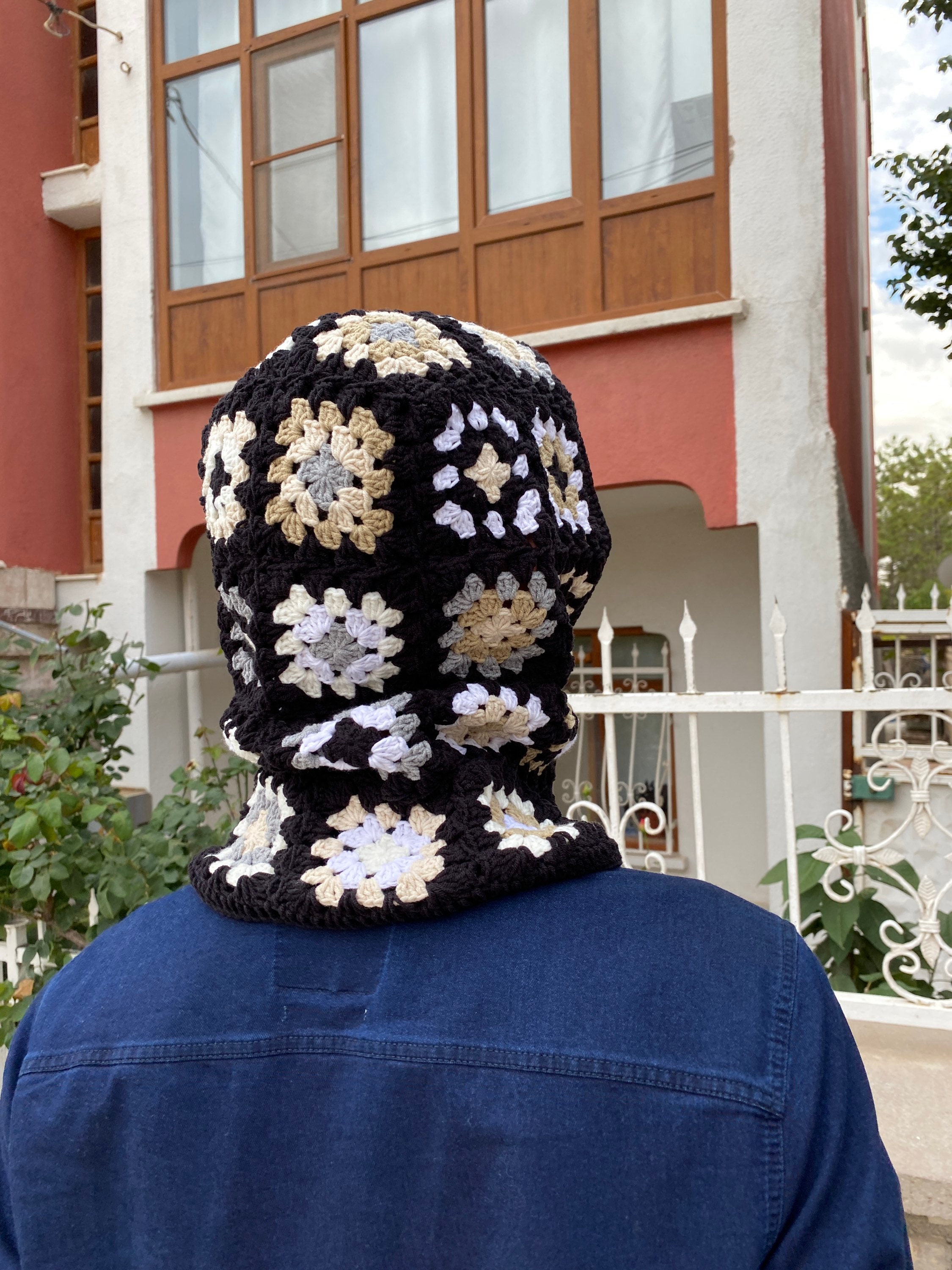 Black White Balaclava, Granny Square Hoodie, Unisex Balaclava, Winter Full Face Mask, Granny Squa... — photo 4 of 10