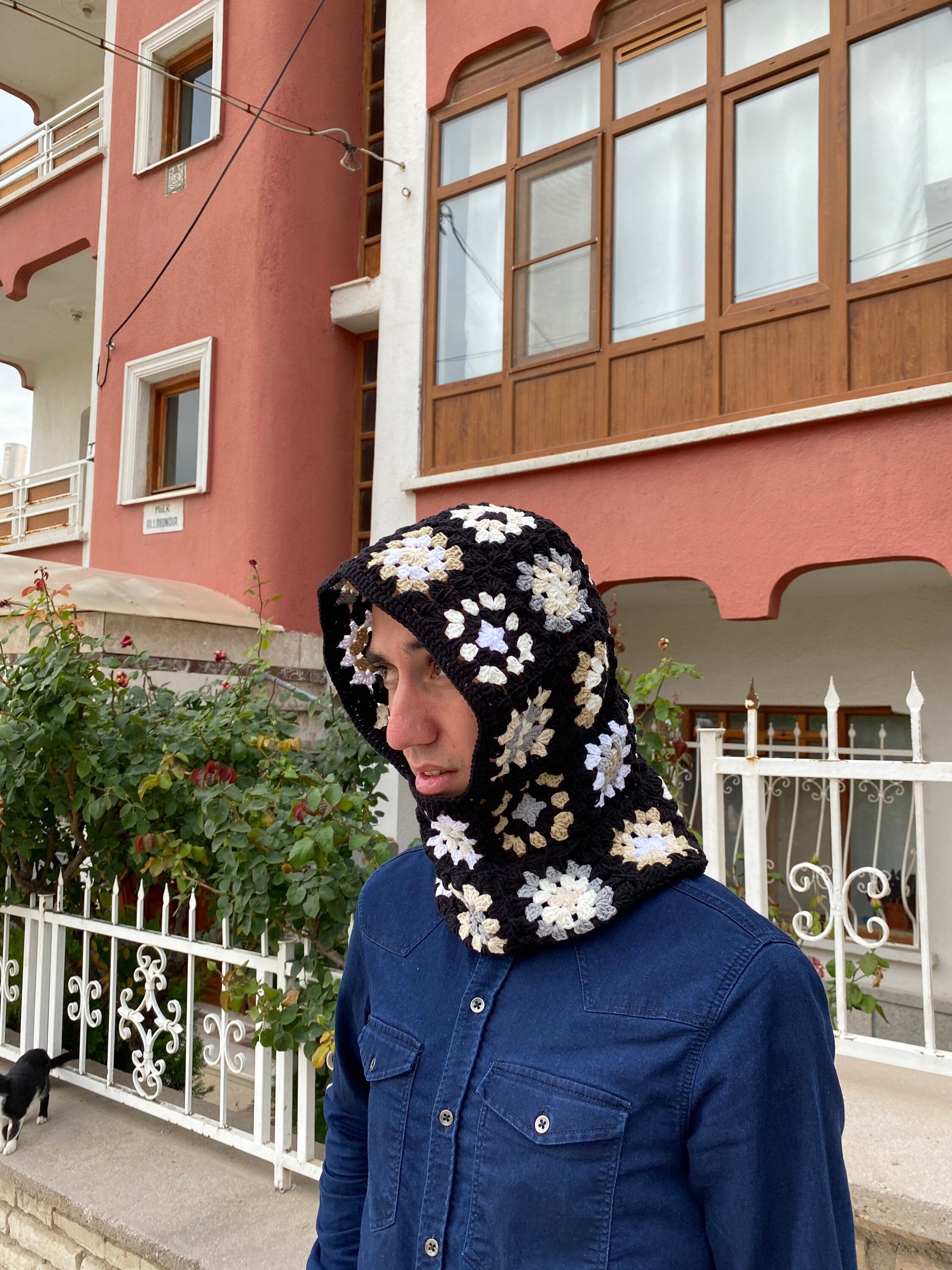 Black White Balaclava, Granny Square Hoodie, Unisex Balaclava, Winter Full Face Mask, Granny Squa... — photo 5 of 10