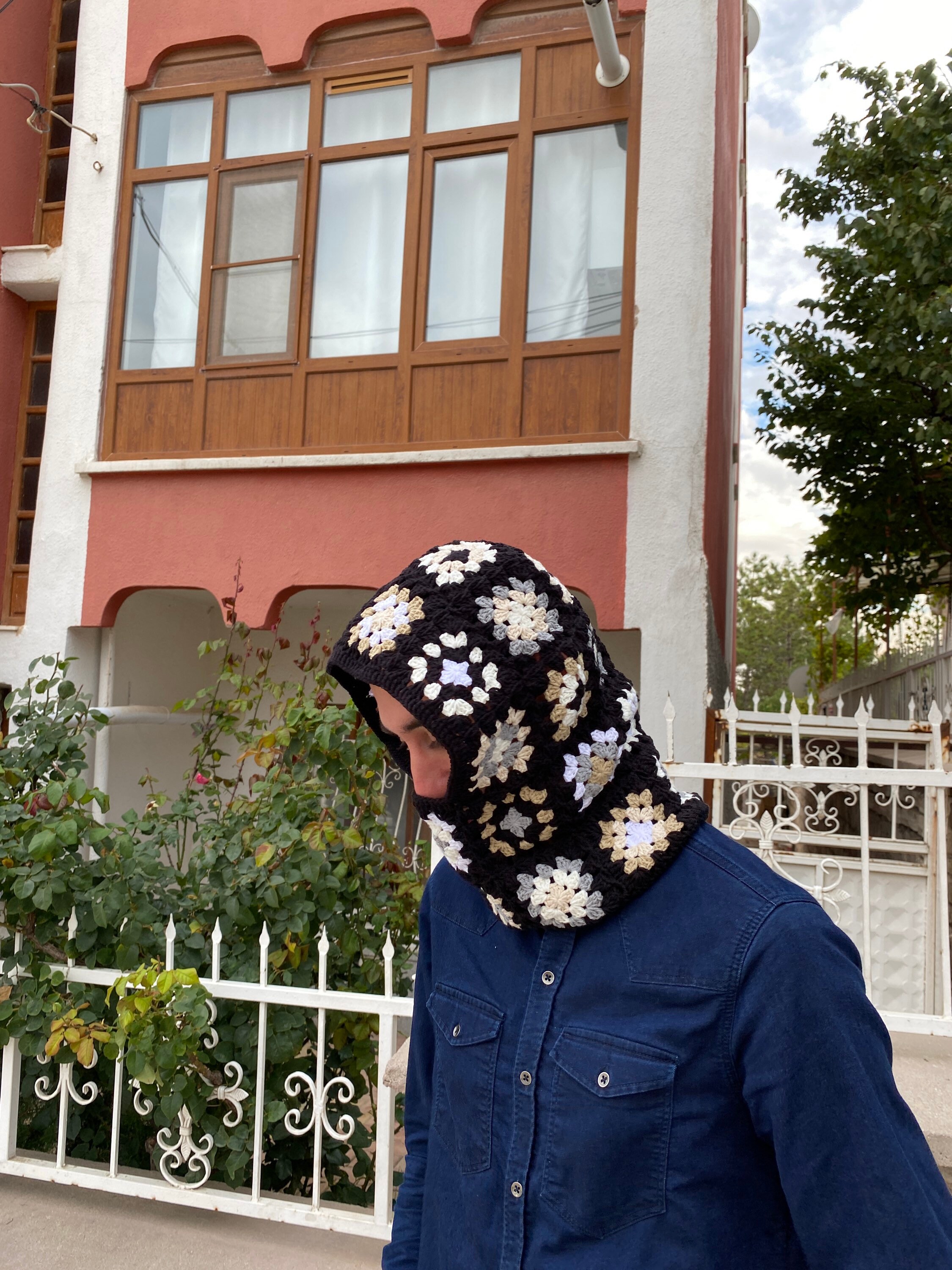 Black White Balaclava, Granny Square Hoodie, Unisex Balaclava, Winter Full Face Mask, Granny Squa... — photo 6 of 10