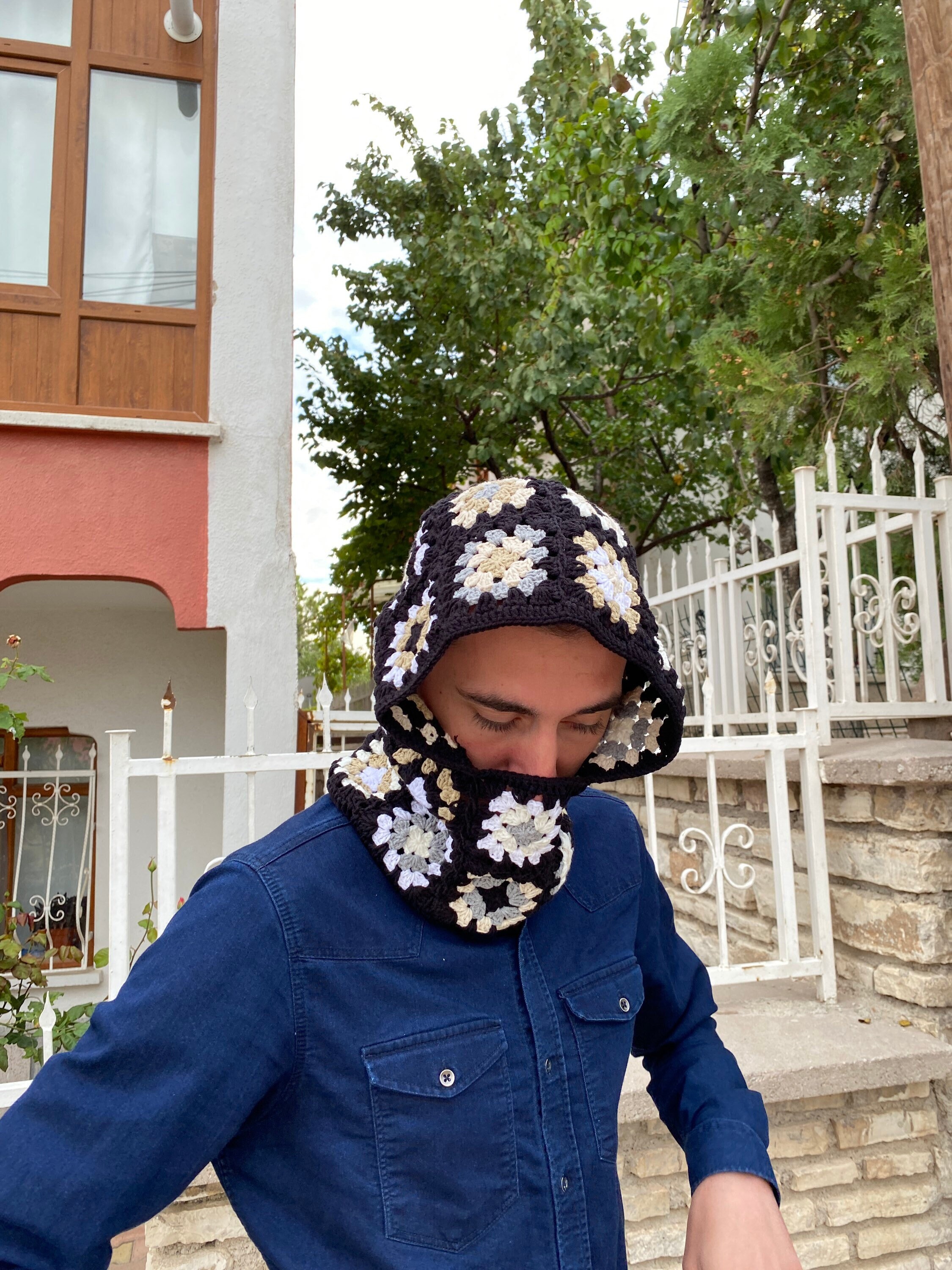 Black White Balaclava, Granny Square Hoodie, Unisex Balaclava, Winter Full Face Mask, Granny Square Balaclava, Ski Mask, Granny Square Hat