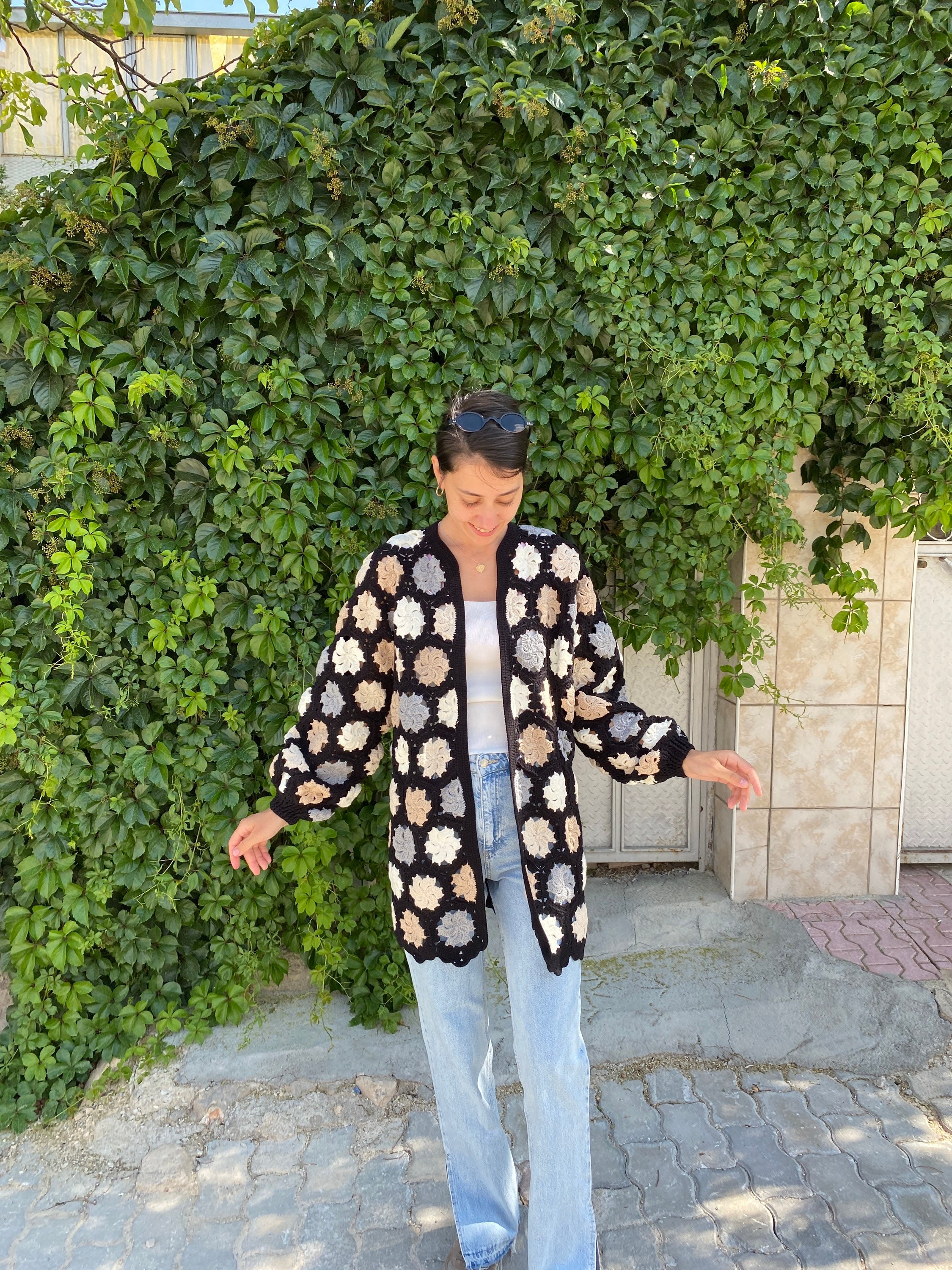 Black White Cardigan, Crochet Cardigan, Granny Square Cardigan, Boho Cardigan, Patchwork Jacket, ... — photo 2 of 10