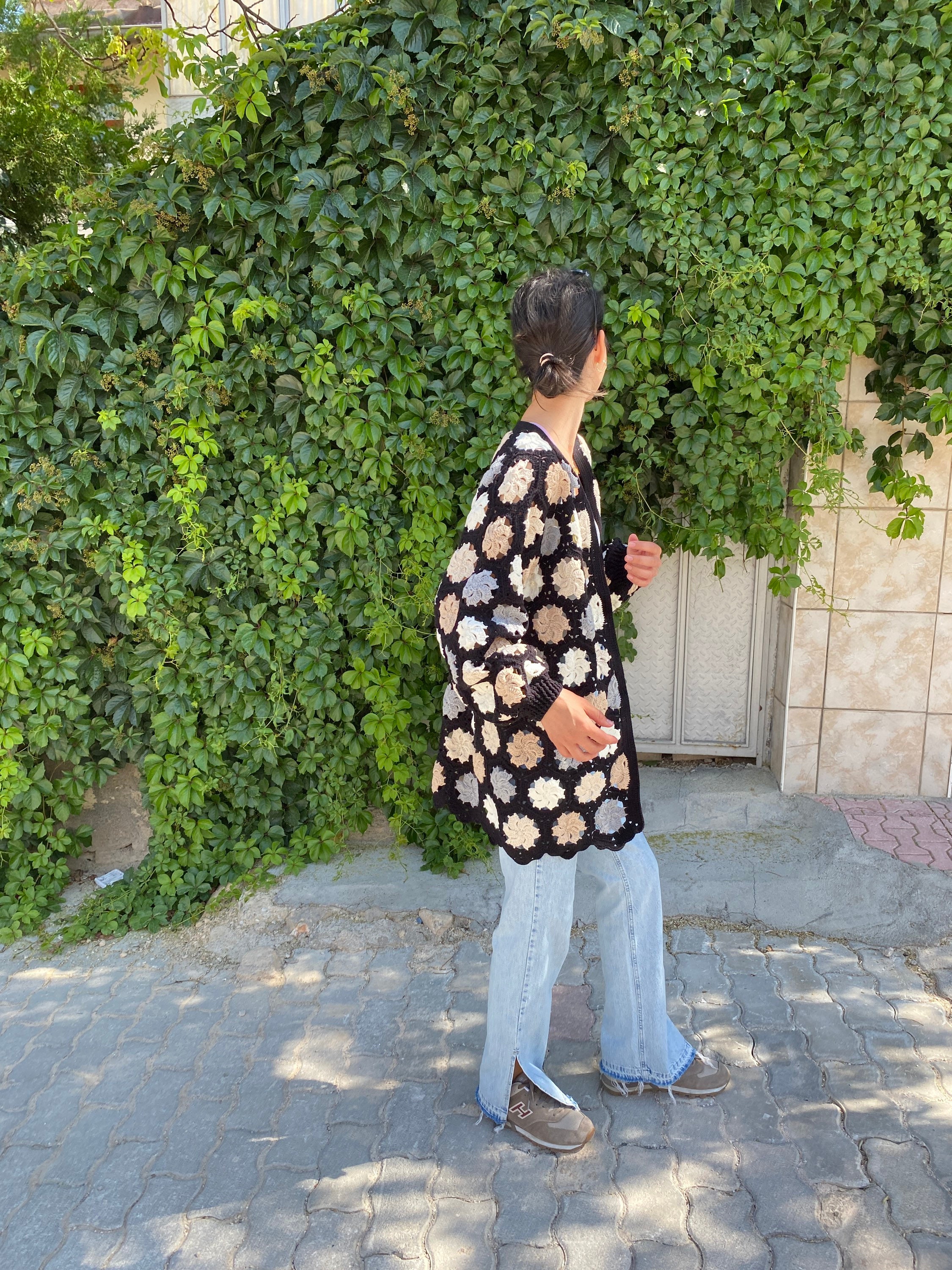 Black White Cardigan, Crochet Cardigan, Granny Square Cardigan, Boho Cardigan, Patchwork Jacket, ... — photo 3 of 10