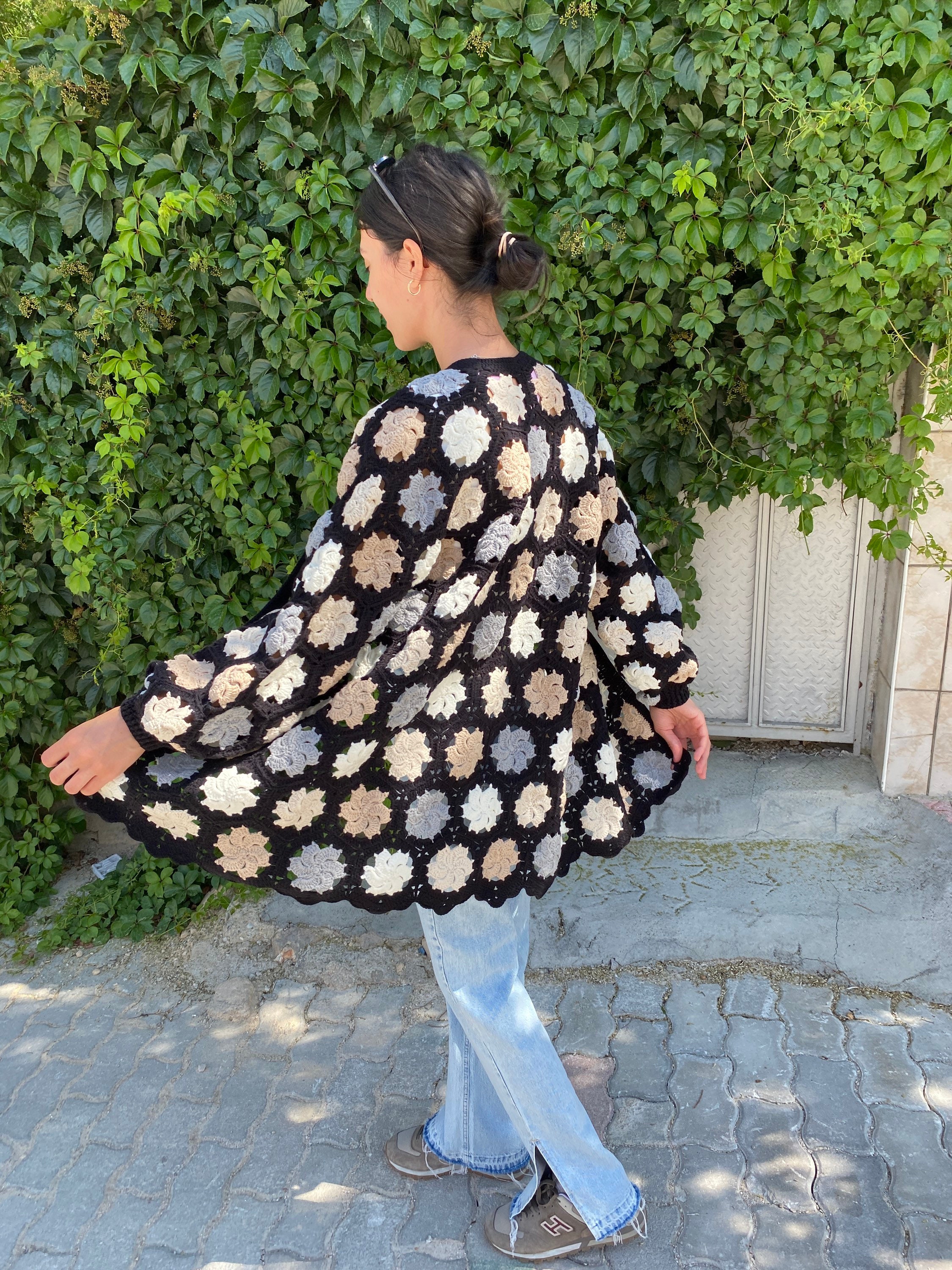 Black White Cardigan, Crochet Cardigan, Granny Square Cardigan, Boho Cardigan, Patchwork Jacket, ... — photo 4 of 10