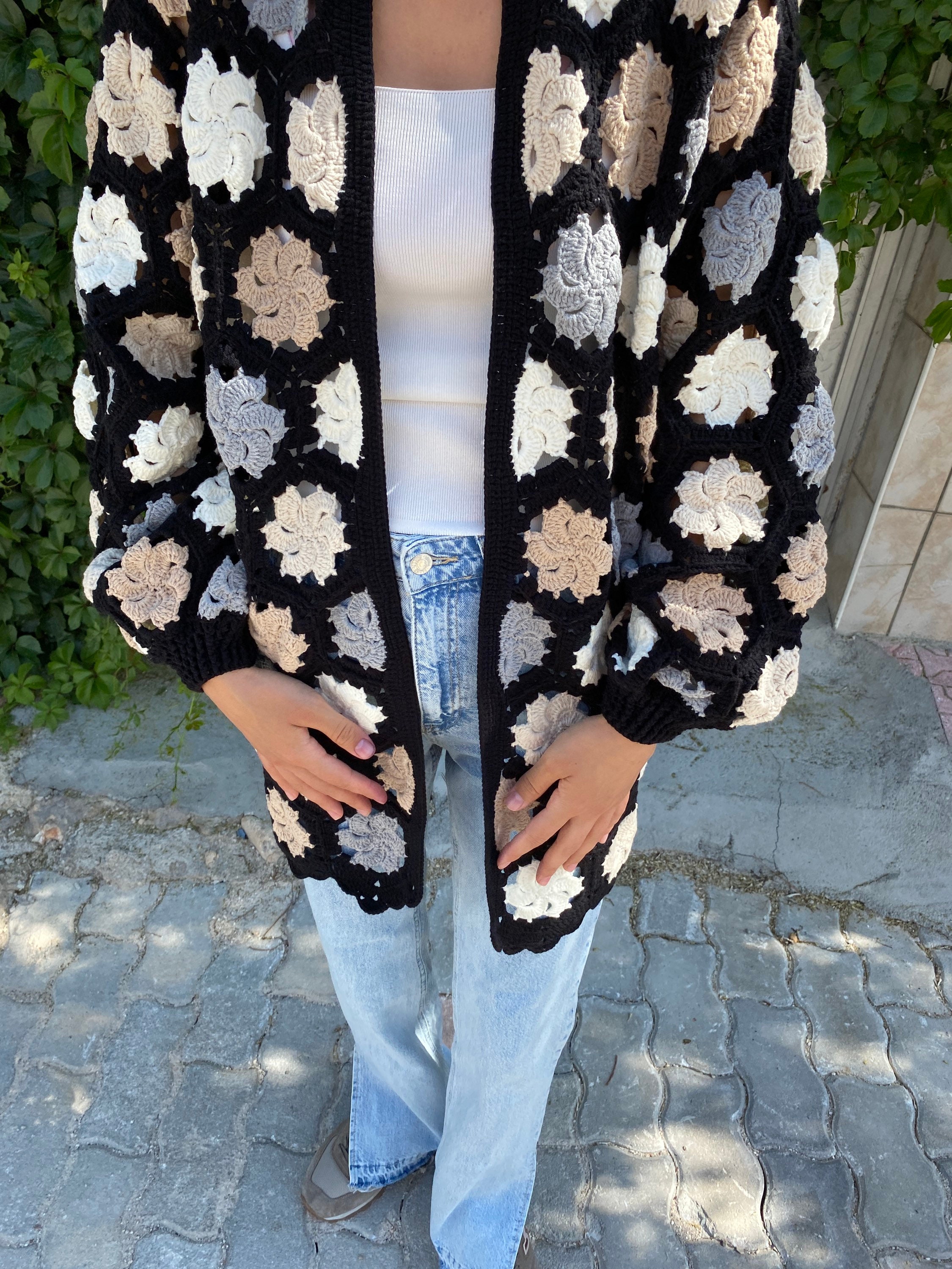 Black White Cardigan, Crochet Cardigan, Granny Square Cardigan, Boho Cardigan, Patchwork Jacket, Afghan Cardigan, Boho Crochet Coat, Gift