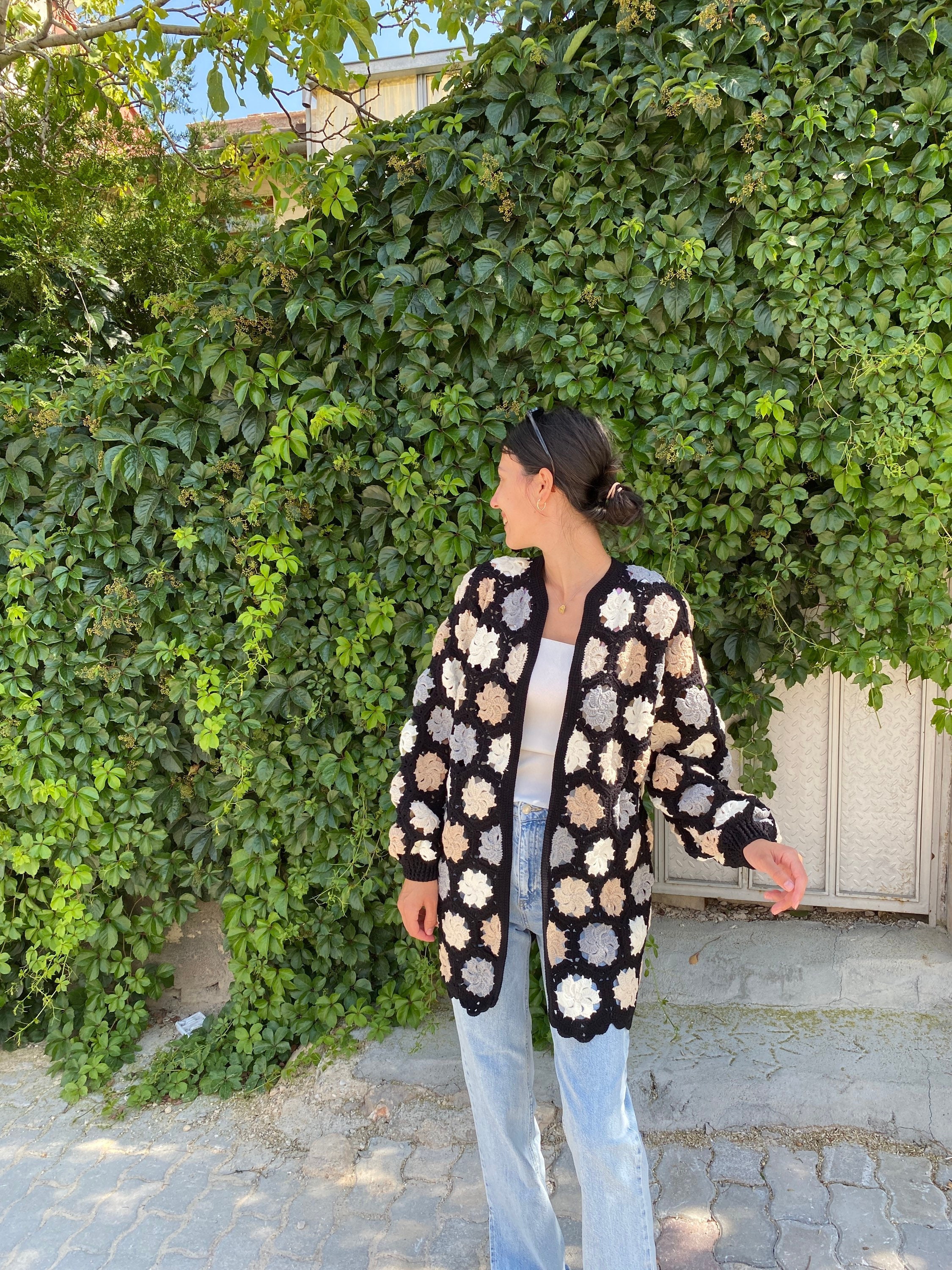 Black White Cardigan, Crochet Cardigan, Granny Square Cardigan, Boho Cardigan, Patchwork Jacket, ... — photo 5 of 10