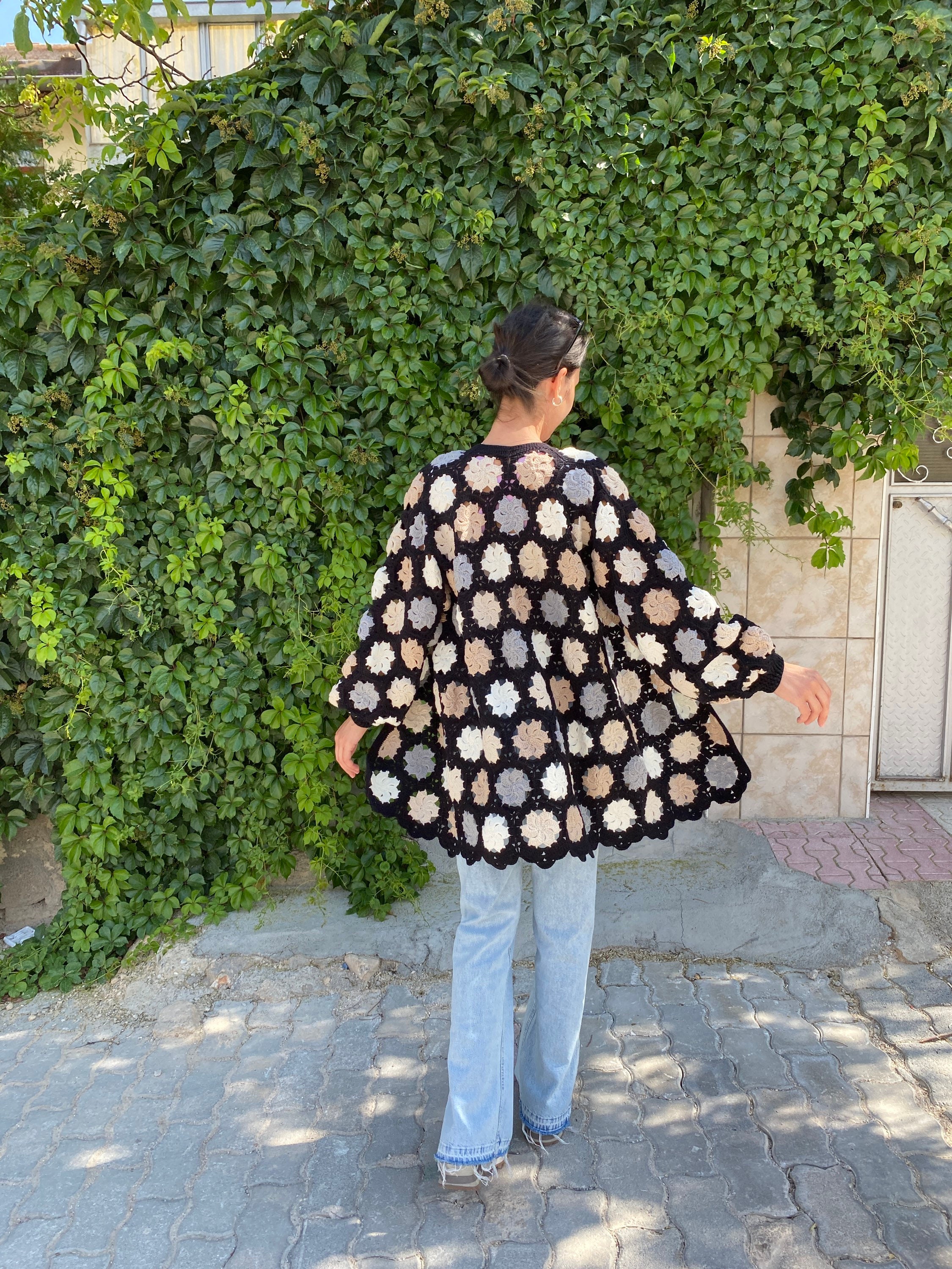 Black White Cardigan, Crochet Cardigan, Granny Square Cardigan, Boho Cardigan, Patchwork Jacket, ... — photo 6 of 10