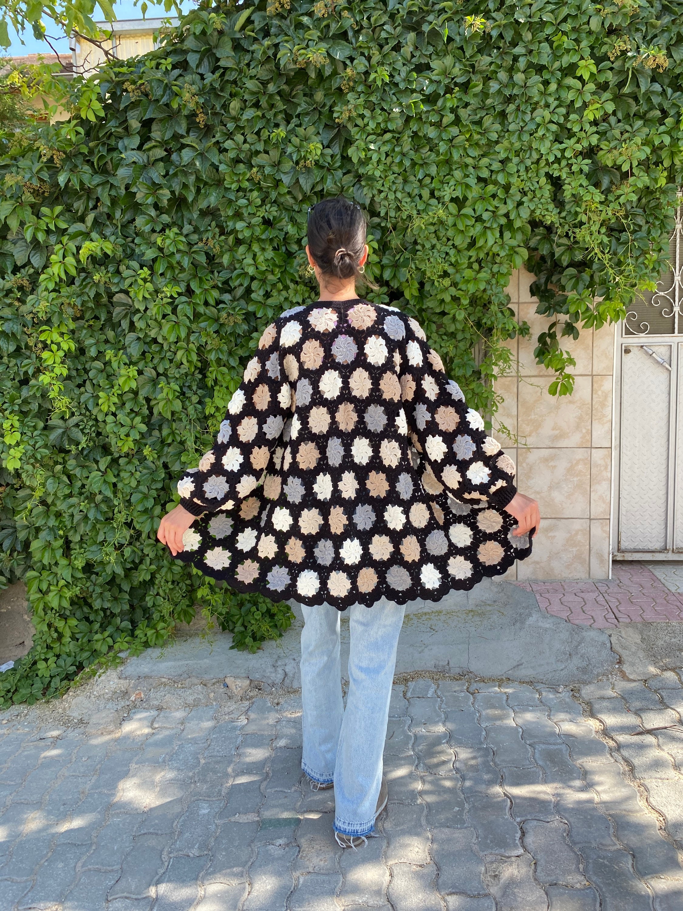 Black White Cardigan, Crochet Cardigan, Granny Square Cardigan, Boho Cardigan, Patchwork Jacket, ... — photo 7 of 10