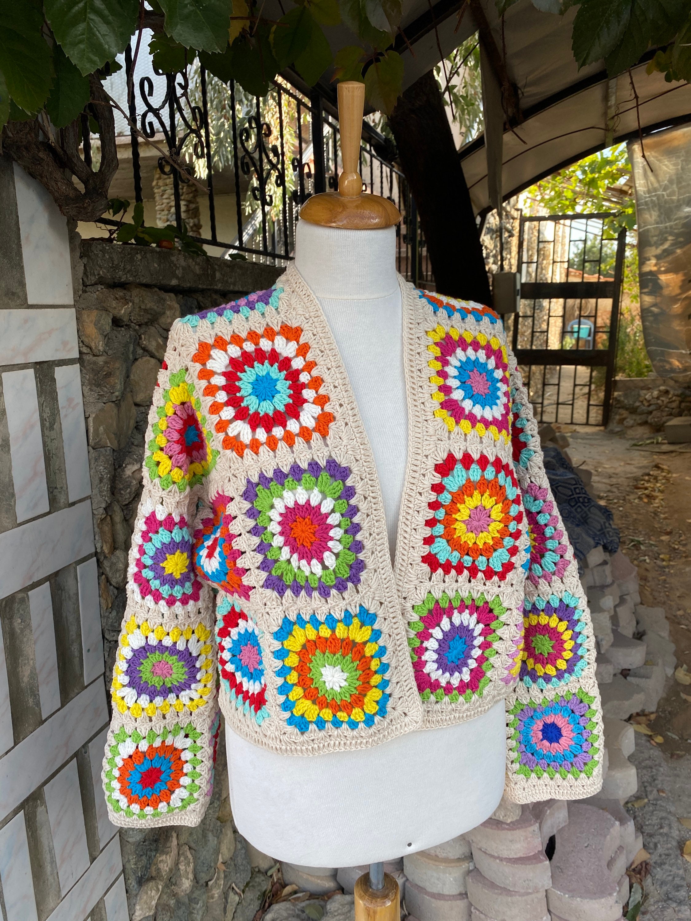 Bohemian Hippie Cardigan Crop Jacket, Colorful Handknit Afghan Style Coat, Summer Cardigan for Be... — photo 3 of 10