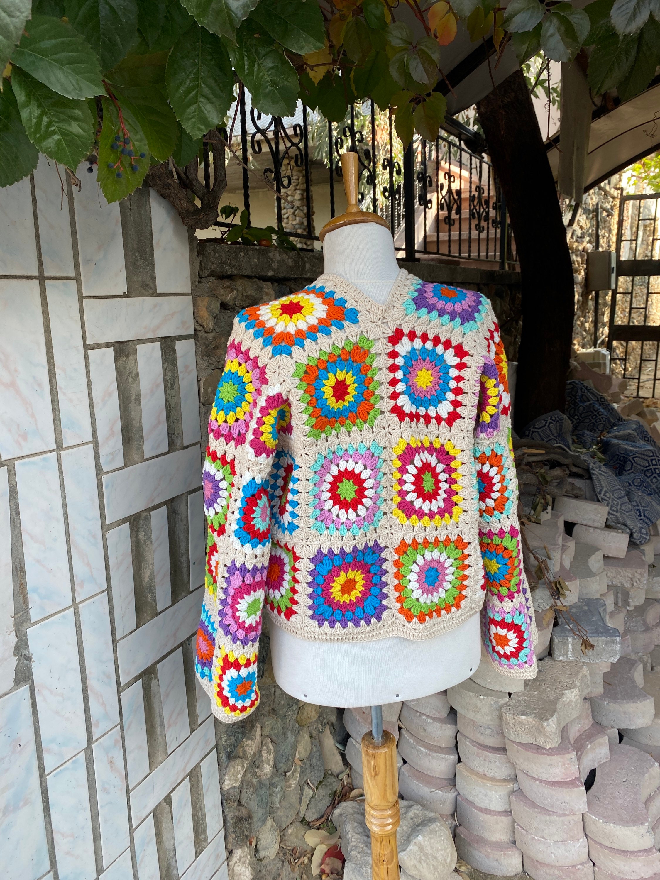 Bohemian Hippie Cardigan Crop Jacket, Colorful Handknit Afghan Style Coat, Summer Cardigan for Be... — photo 6 of 10