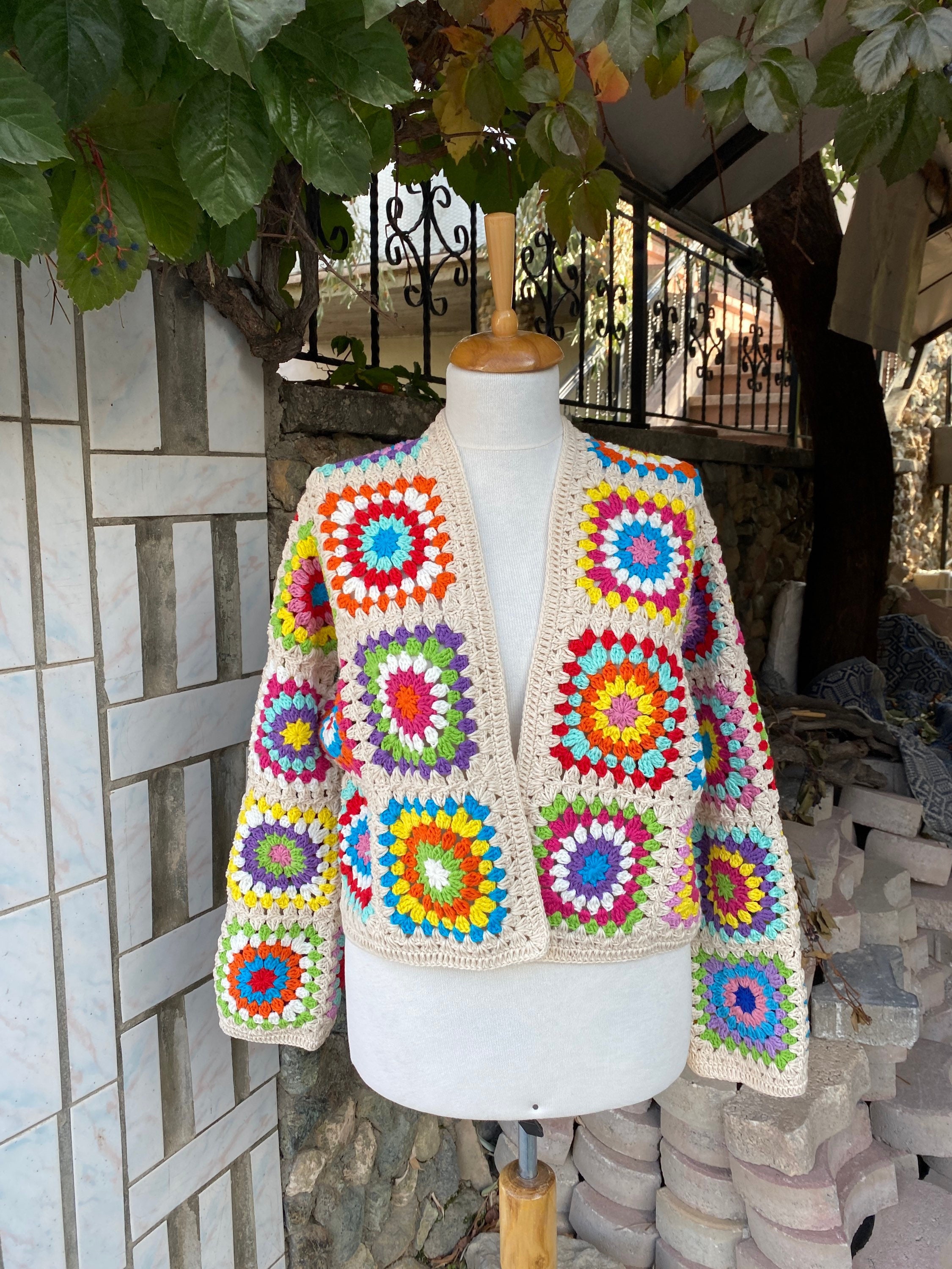 Bohemian Hippie Cardigan Crop Jacket, Colorful Handknit Afghan Style Coat, Summer Cardigan for Be... — photo 5 of 10