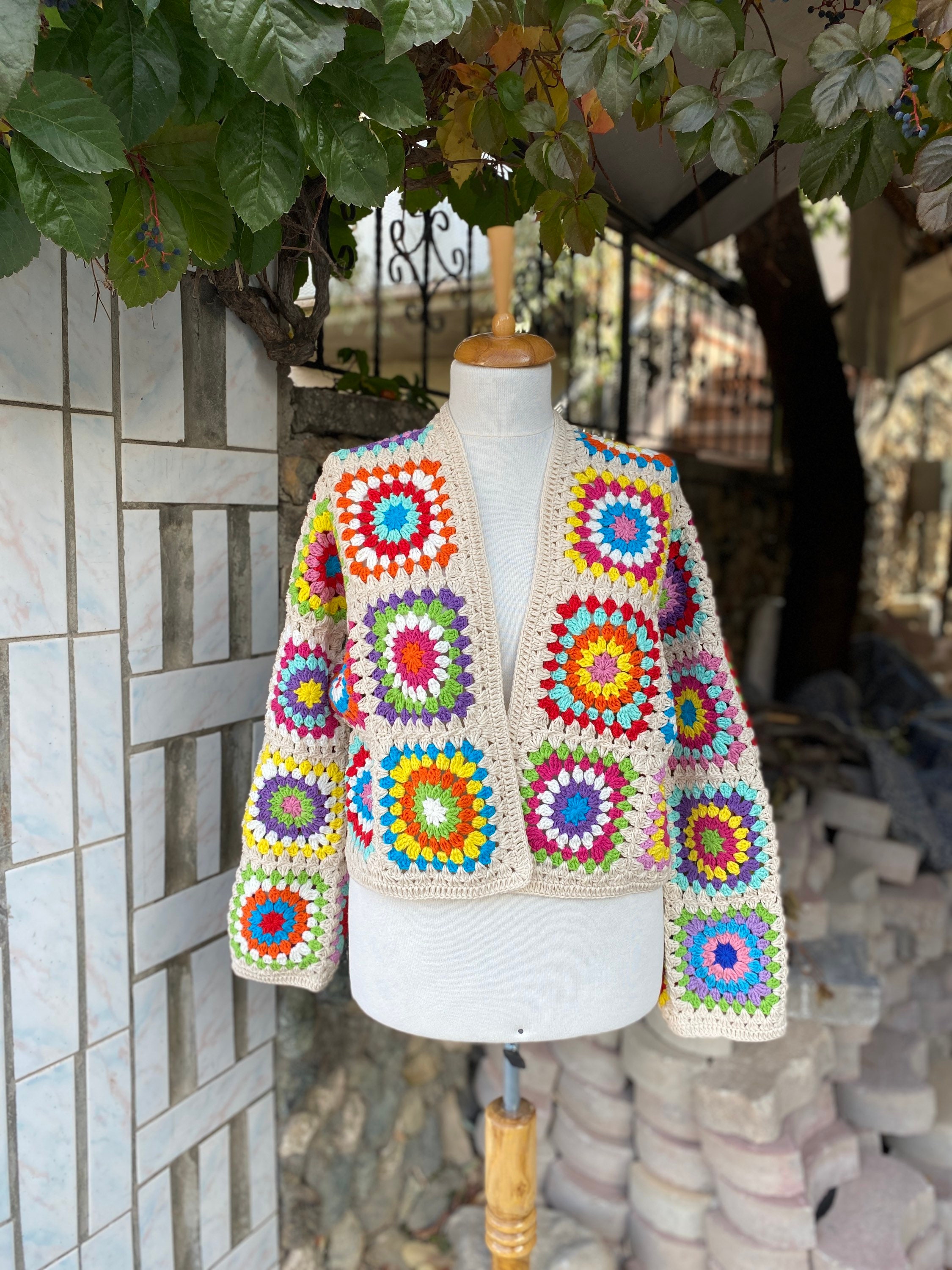 Bohemian Hippie Cardigan Crop Jacket, Colorful Handknit Afghan Style Coat, Summer Cardigan for Be... — photo 7 of 10