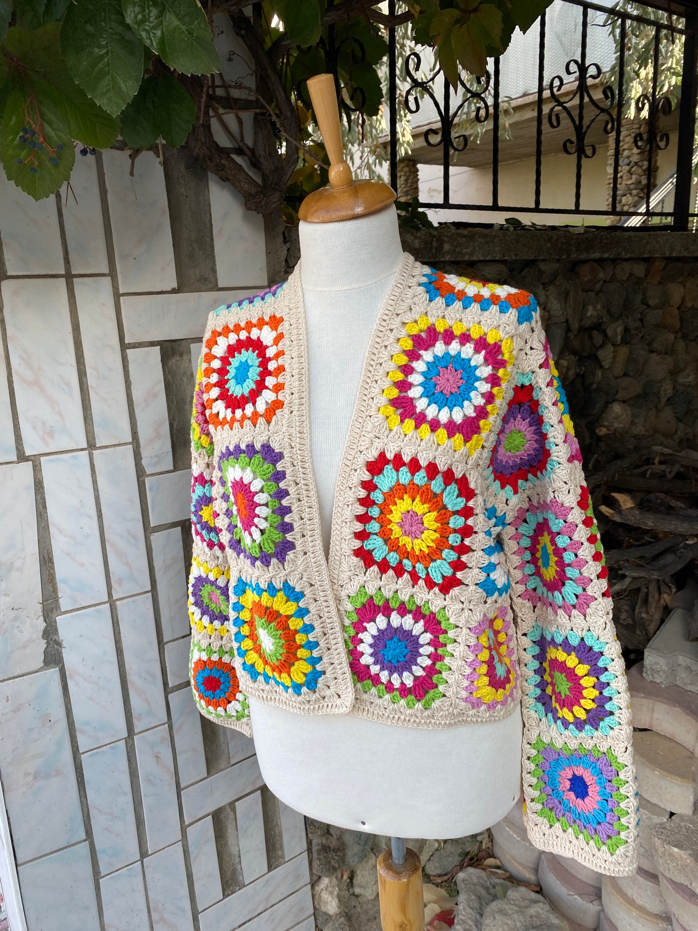Bohemian Hippie Cardigan Crop Jacket, Colorful Handknit Afghan Style Coat, Summer Cardigan for Be... — photo 4 of 10