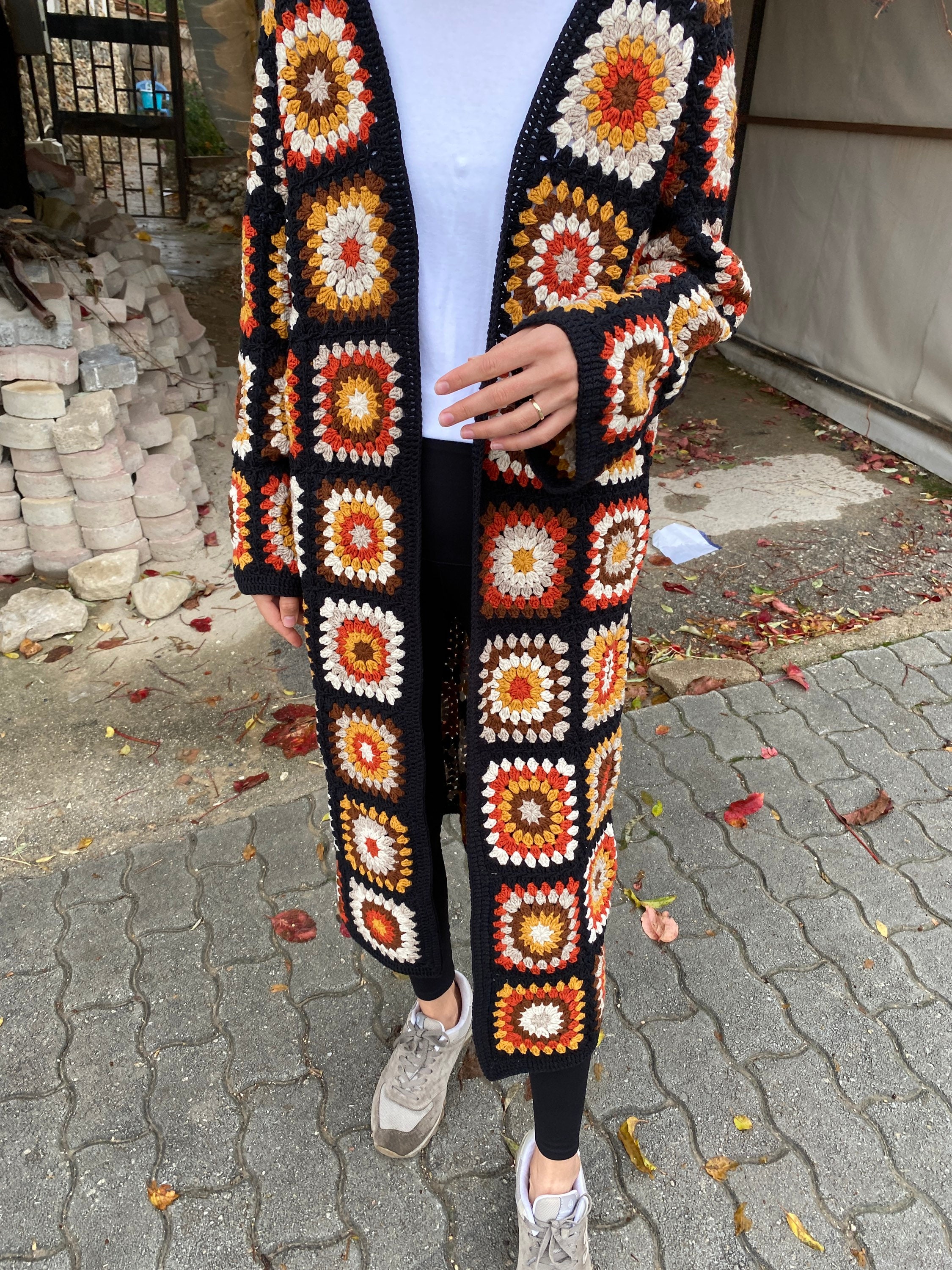 Boho Crochet Cardigan, Granny Square Afghan Coat, Patchwork Jacket, Long Cardigan, Crochet Sweater, Granny Square Cardigan, Hippie Clothing