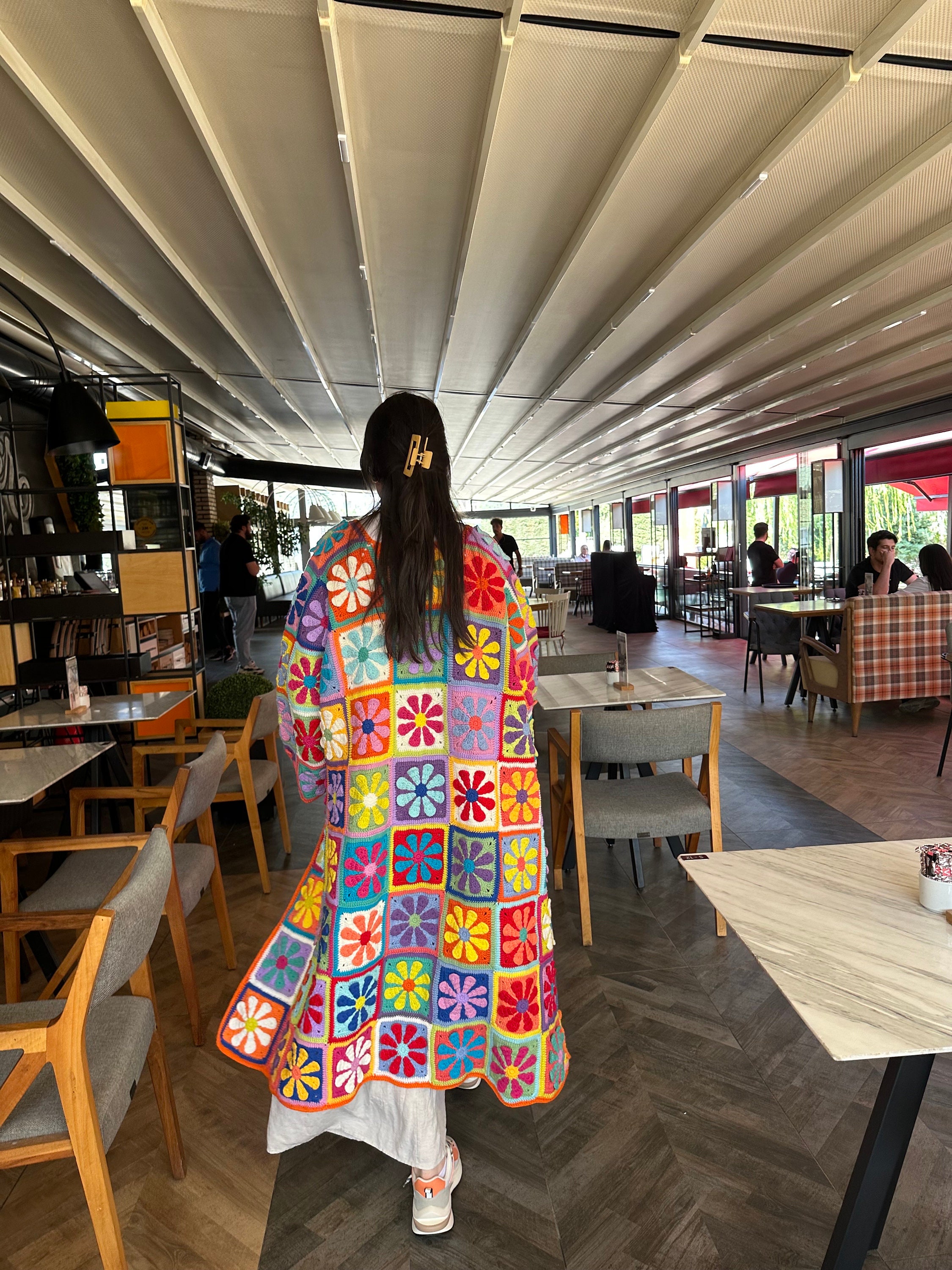 Boho Crochet Coat, Knitted Long Cardigan, Afghan Cardigan, Women's Clothes, Granny Square Cardigan, Handmade Cardigan, Patchwork Cardigan