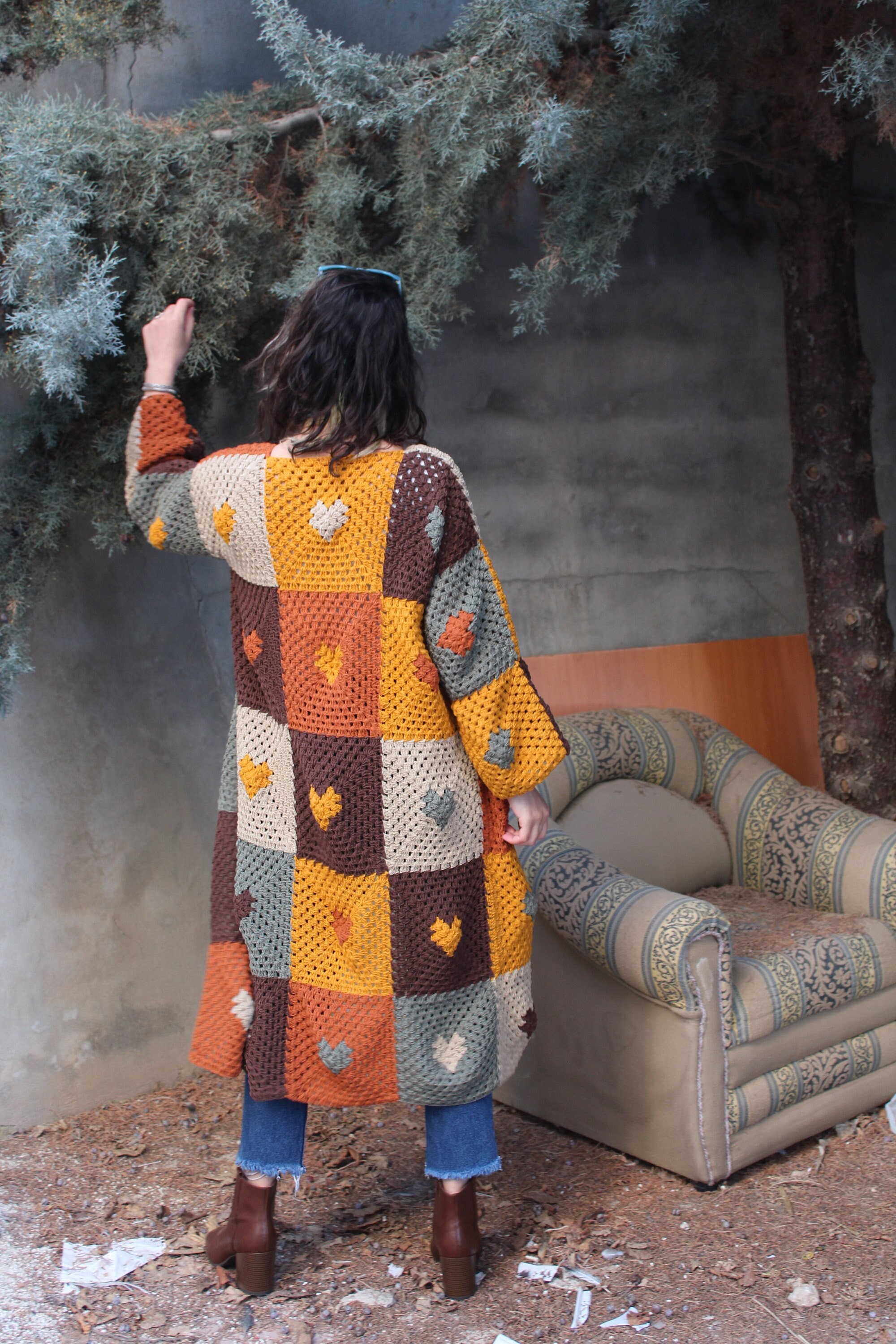 Boho Style Cardigan, Granny Square Patchwork, Handmade Afghan Sweater, Jacket with Heart Pattern