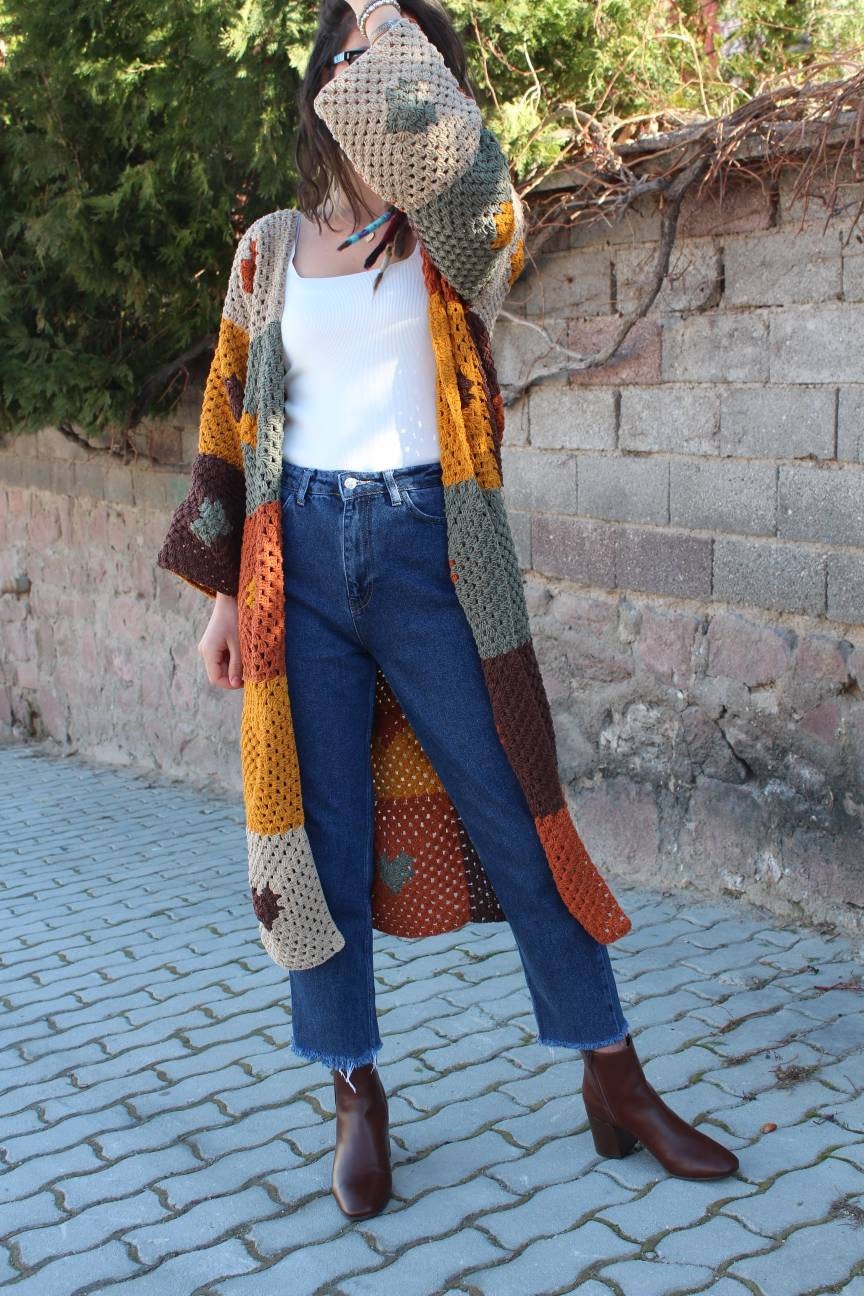 Boho Style Cardigan, Granny Square Patchwork, Handmade Afghan Sweater, Jacket with Heart Pattern — photo 5 of 10