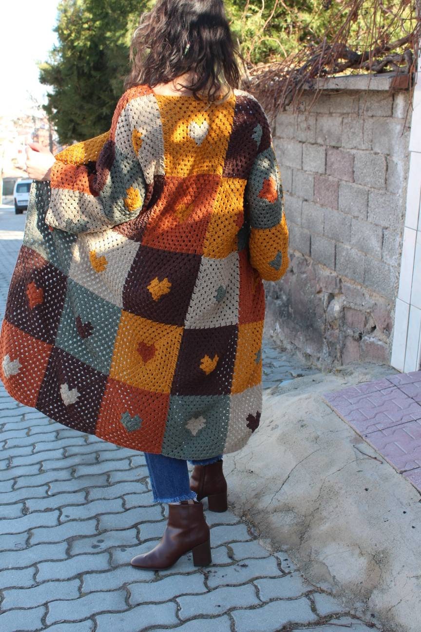 Boho Style Cardigan, Granny Square Patchwork, Handmade Afghan Sweater, Jacket with Heart Pattern — photo 2 of 10