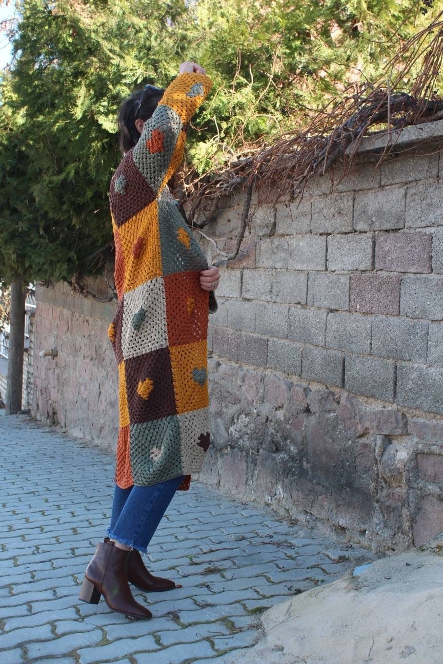 Boho Style Cardigan, Granny Square Patchwork, Handmade Afghan Sweater, Jacket with Heart Pattern — photo 7 of 10