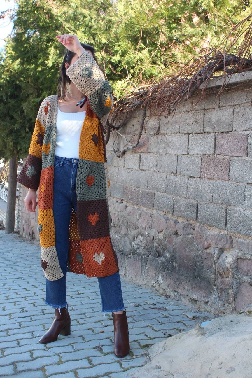 Boho Style Cardigan, Granny Square Patchwork, Handmade Afghan Sweater, Jacket with Heart Pattern — photo 3 of 10