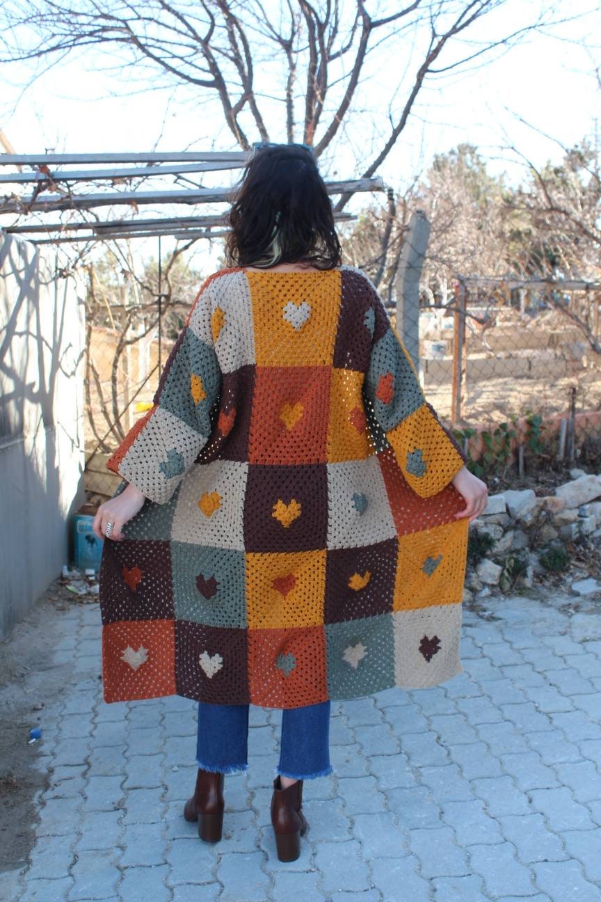 Boho Style Cardigan, Granny Square Patchwork, Handmade Afghan Sweater, Jacket with Heart Pattern — photo 4 of 10