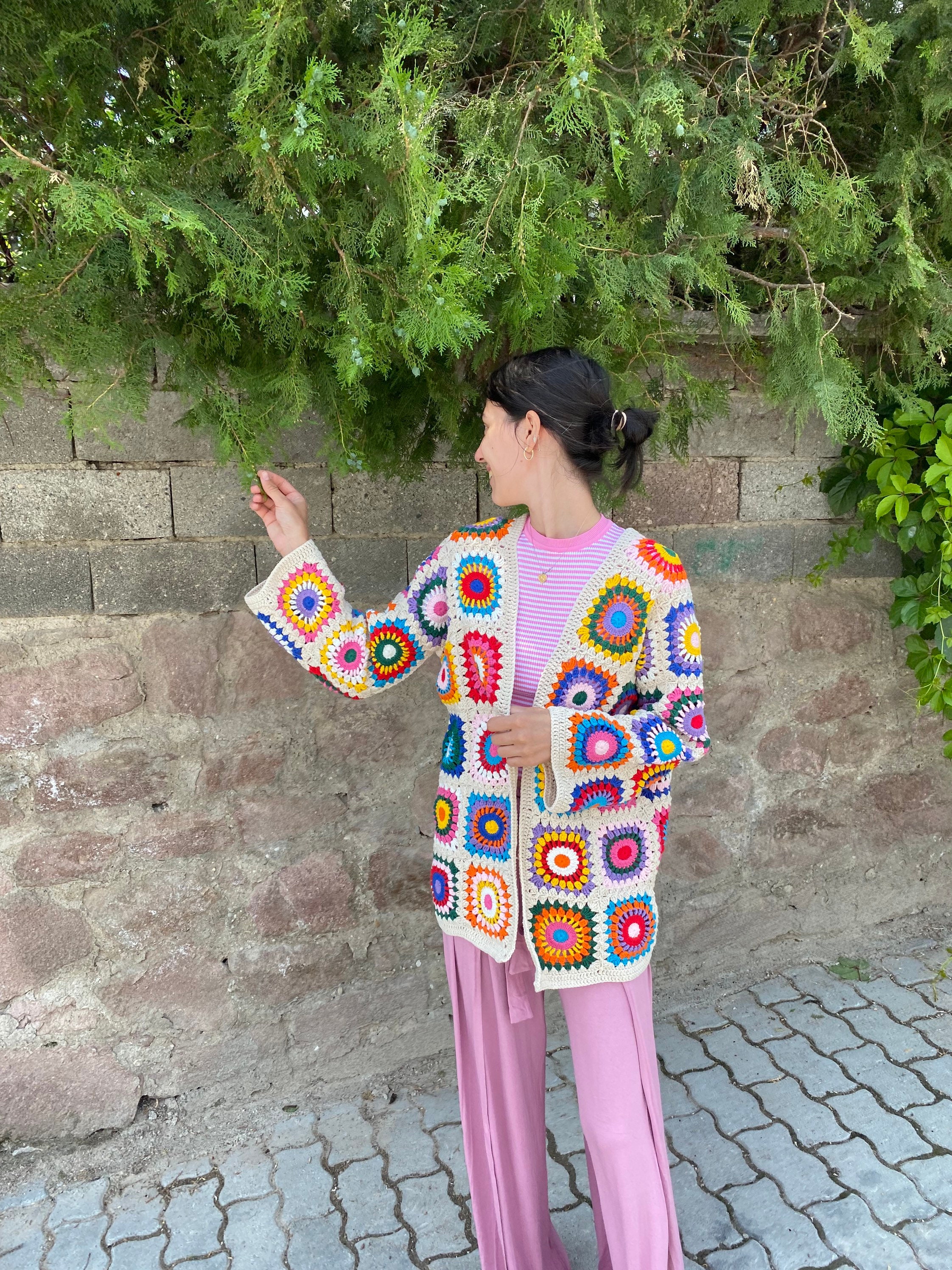 Boho-Style Granny Square Cardigan, Vintage Afghan Hippie Coat, Hand Knit Sweater for Women, Summe... — photo 7 of 10