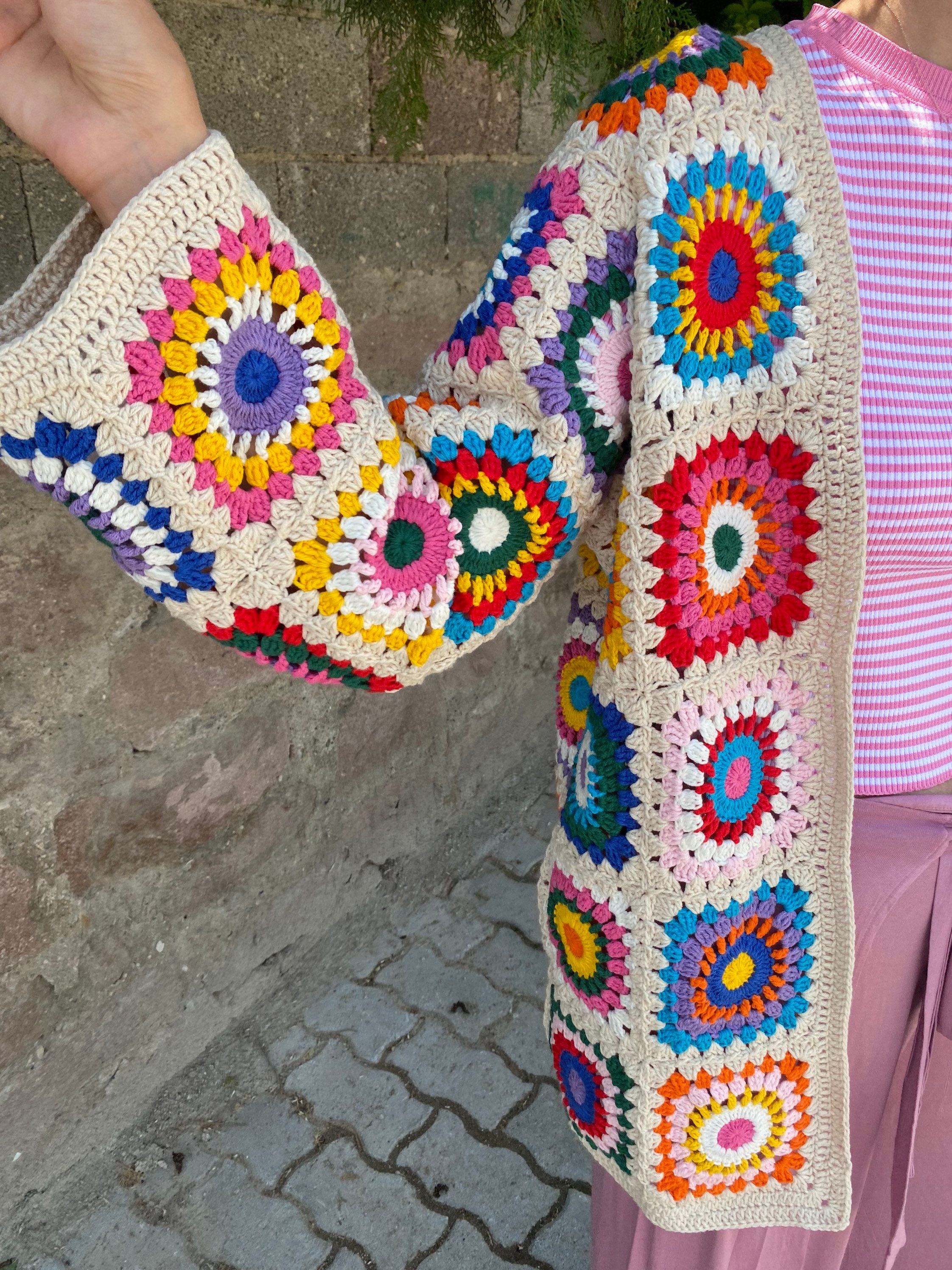 Boho-Style Granny Square Cardigan, Vintage Afghan Hippie Coat, Hand Knit Sweater for Women, Summe... — photo 2 of 10