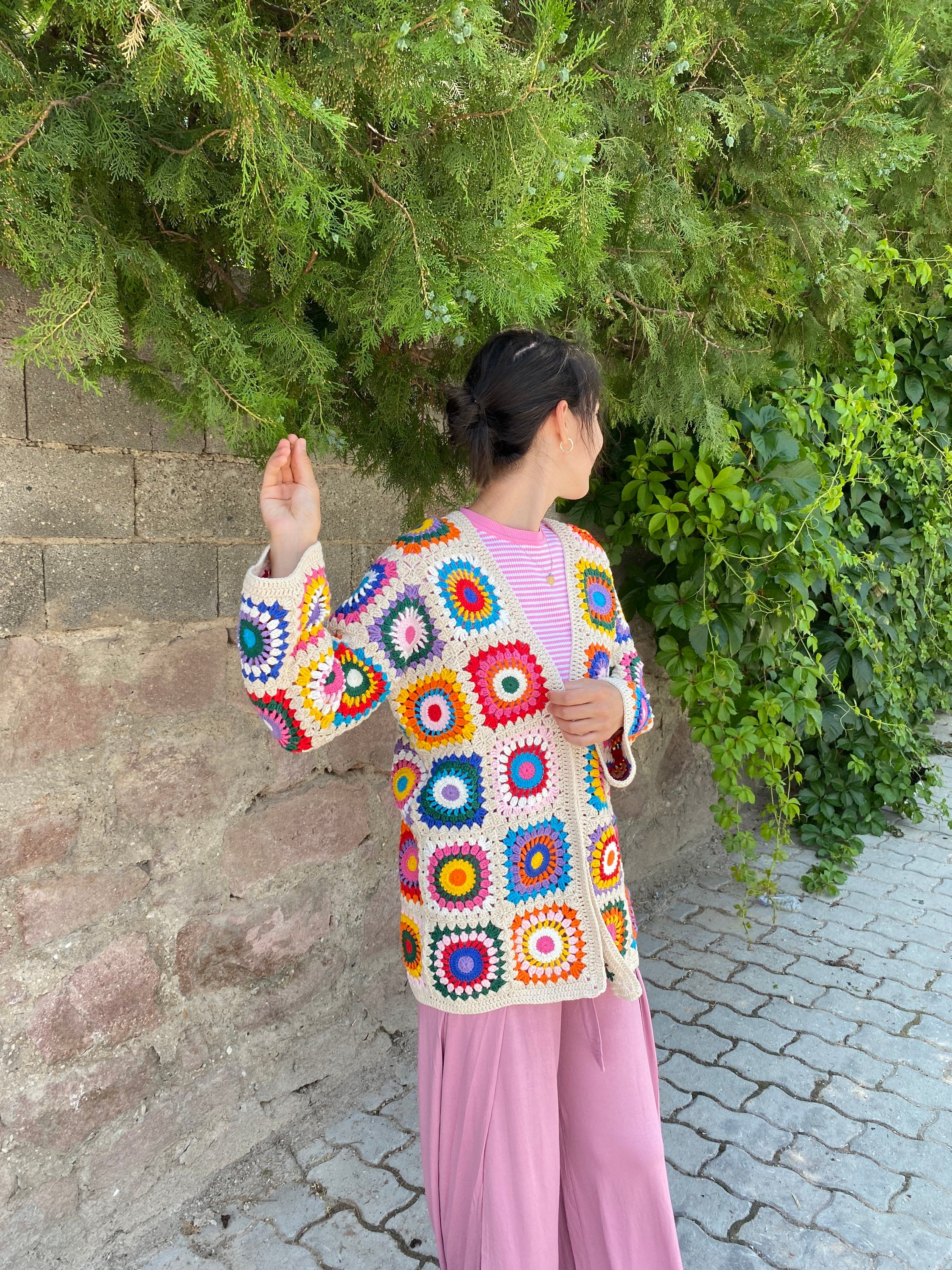 Boho-Style Granny Square Cardigan, Vintage Afghan Hippie Coat, Hand Knit Sweater for Women, Summe... — photo 4 of 10