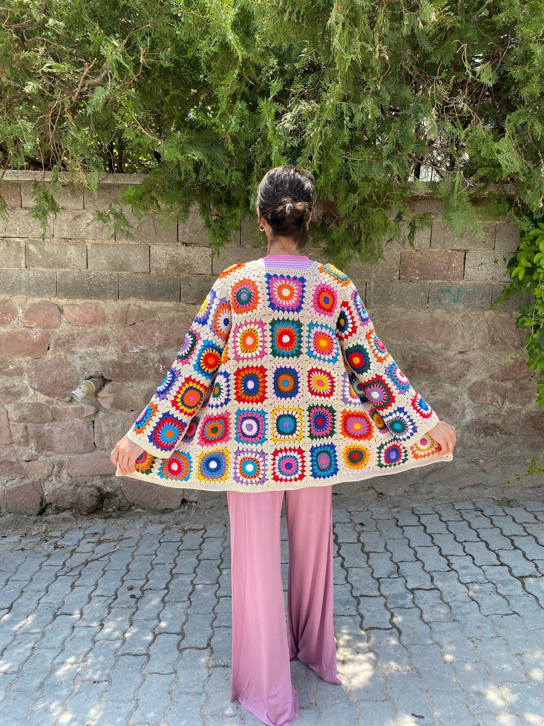 Boho-Style Granny Square Cardigan, Vintage Afghan Hippie Coat, Hand Knit Sweater for Women, Summe... — photo 6 of 10