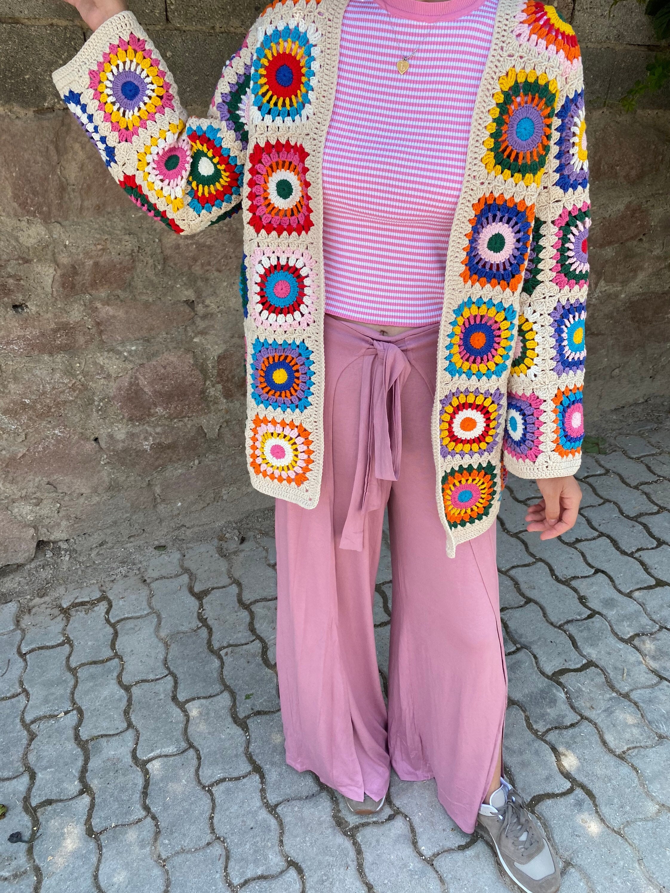 Boho-Style Granny Square Cardigan, Vintage Afghan Hippie Coat, Hand Knit Sweater for Women, Summe... — photo 5 of 10