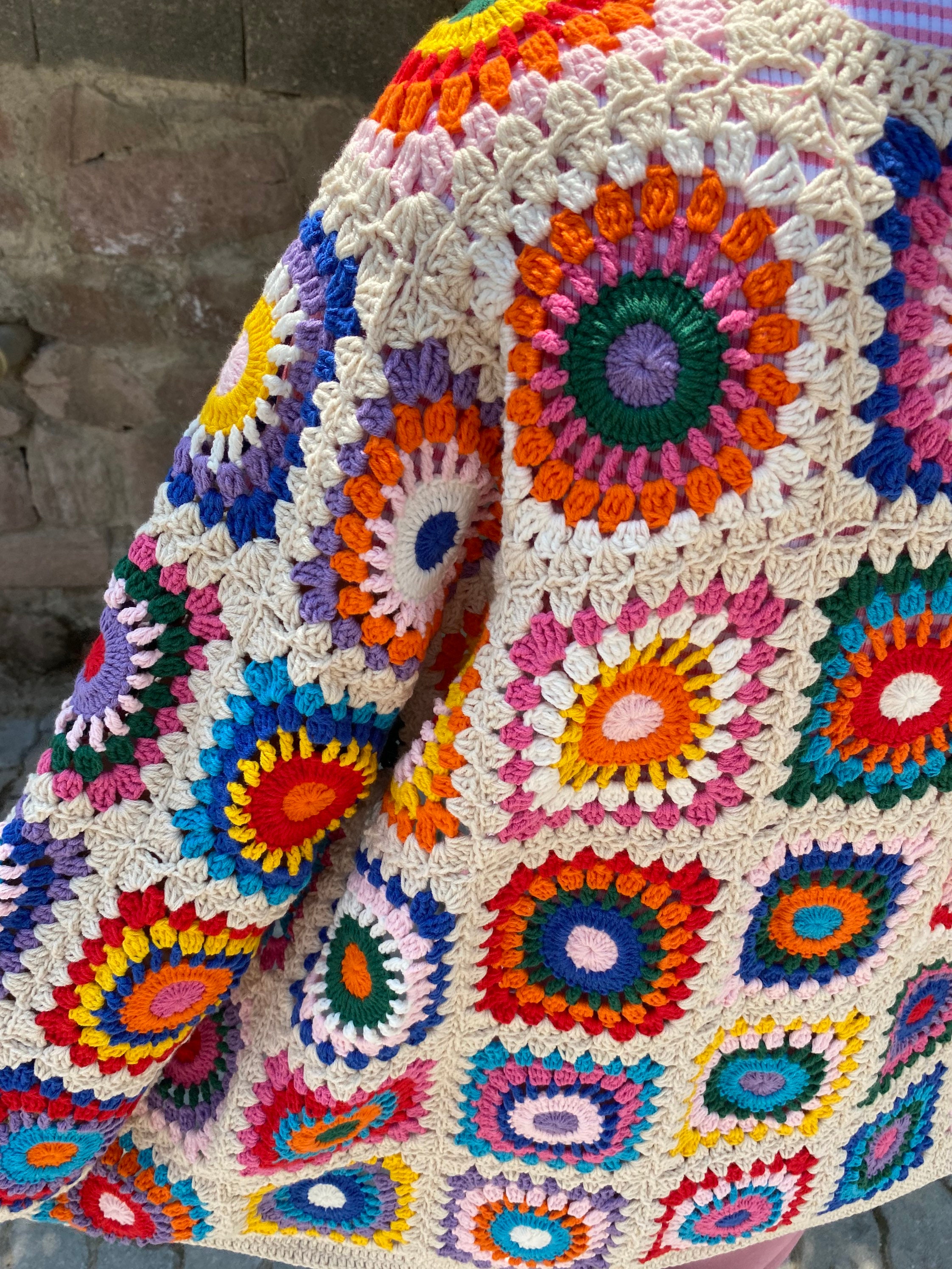 Boho-Style Granny Square Cardigan, Vintage Afghan Hippie Coat, Hand Knit Sweater for Women, Summer Beach Cardigan for Festivals