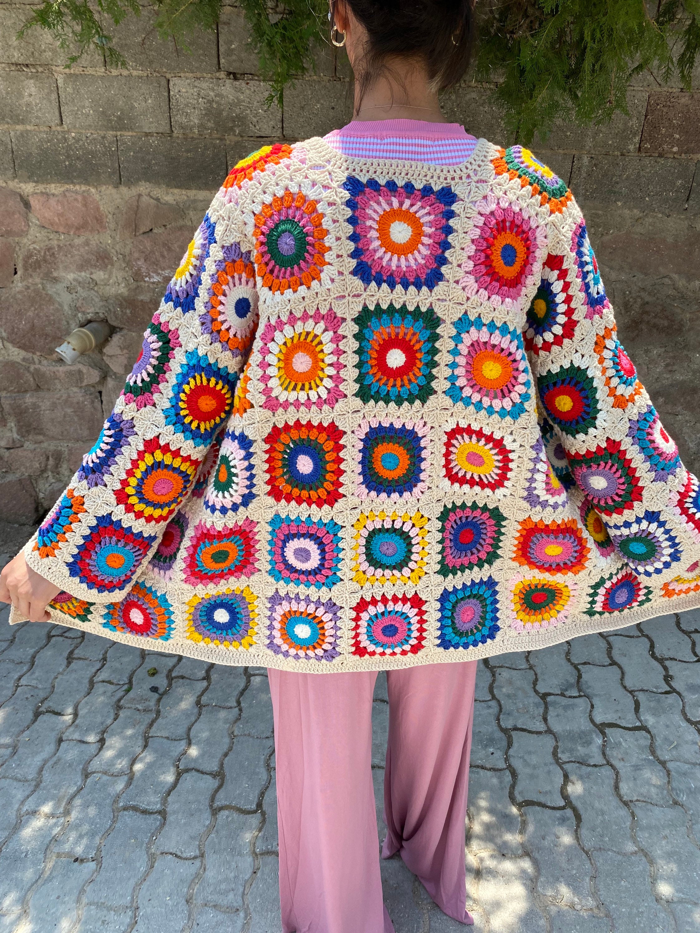 Boho-Style Granny Square Cardigan, Vintage Afghan Hippie Coat, Hand Knit Sweater for Women, Summe... — photo 3 of 10