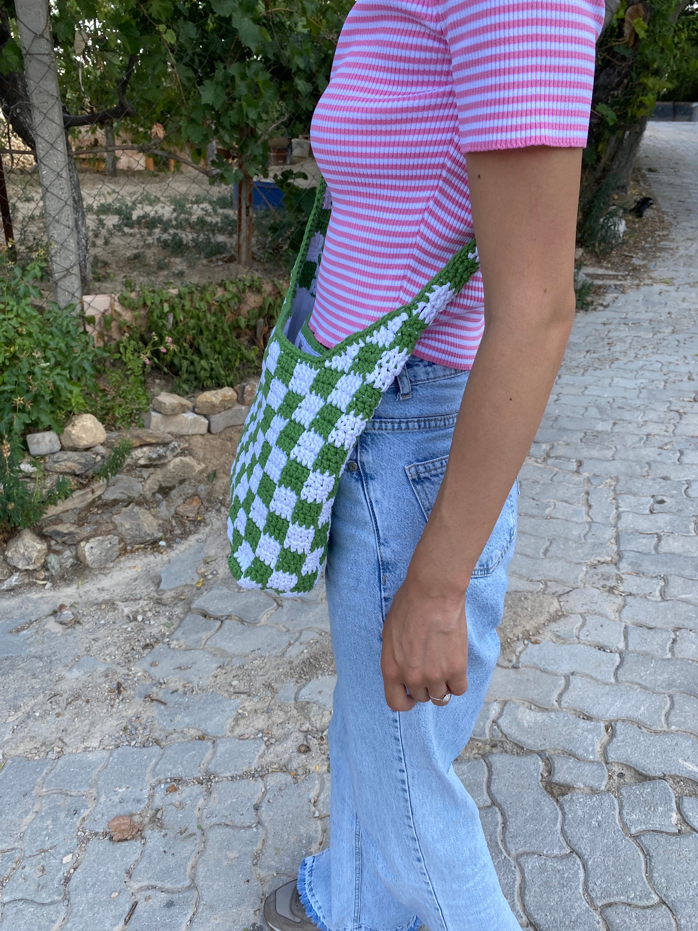 Checkered Crochet Bag, Handmade cute y2k bag, Crossbody Bag, Cotton Crossbody Bag, Macrame Crochet Bag, Checkerboard Bag, Beach Bag