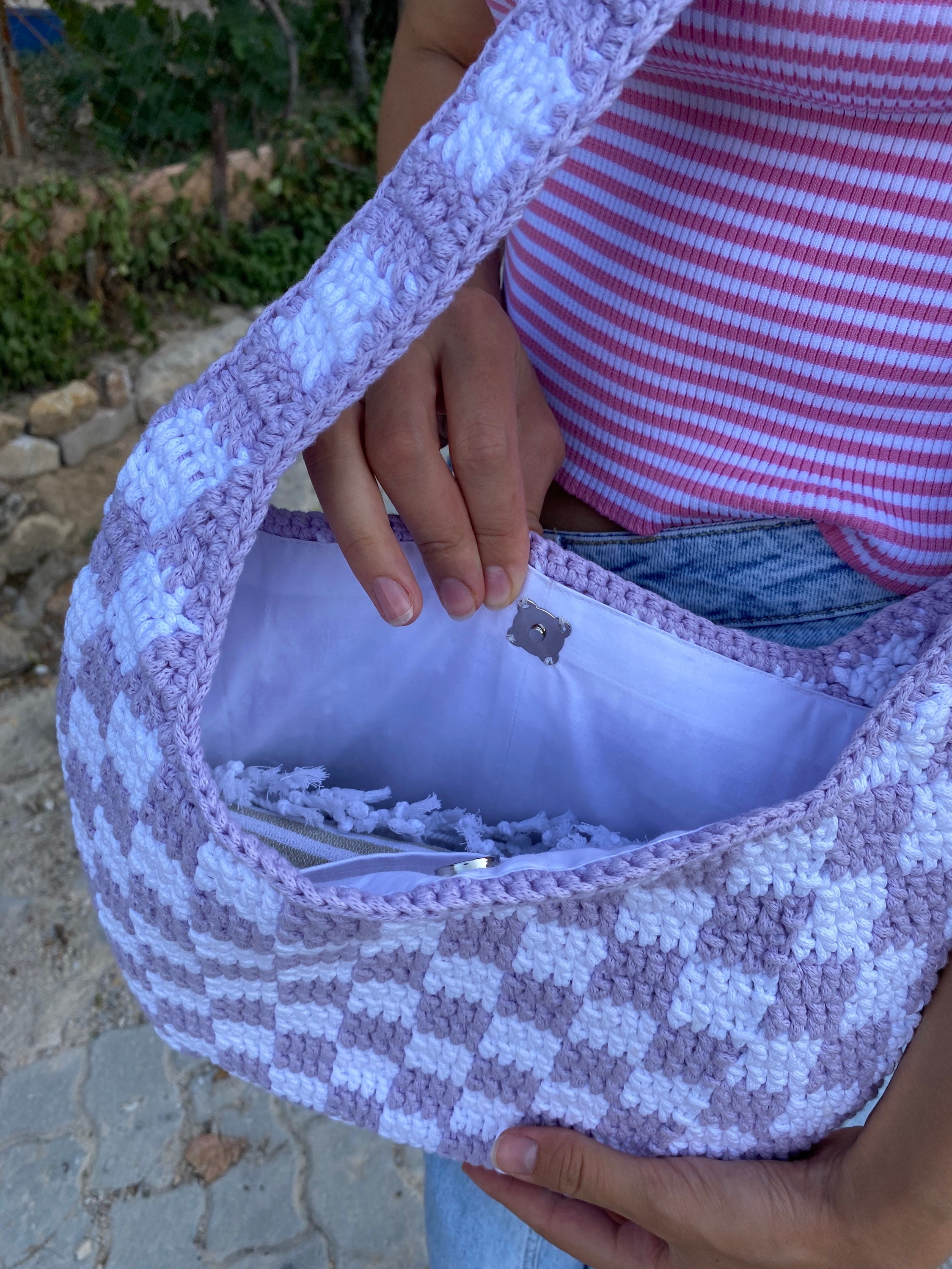 Checkered Crochet Bag, Handmade cute y2k bag, Crossbody Bag, Cotton Crossbody Bag, Macrame Croche... — photo 7 of 12