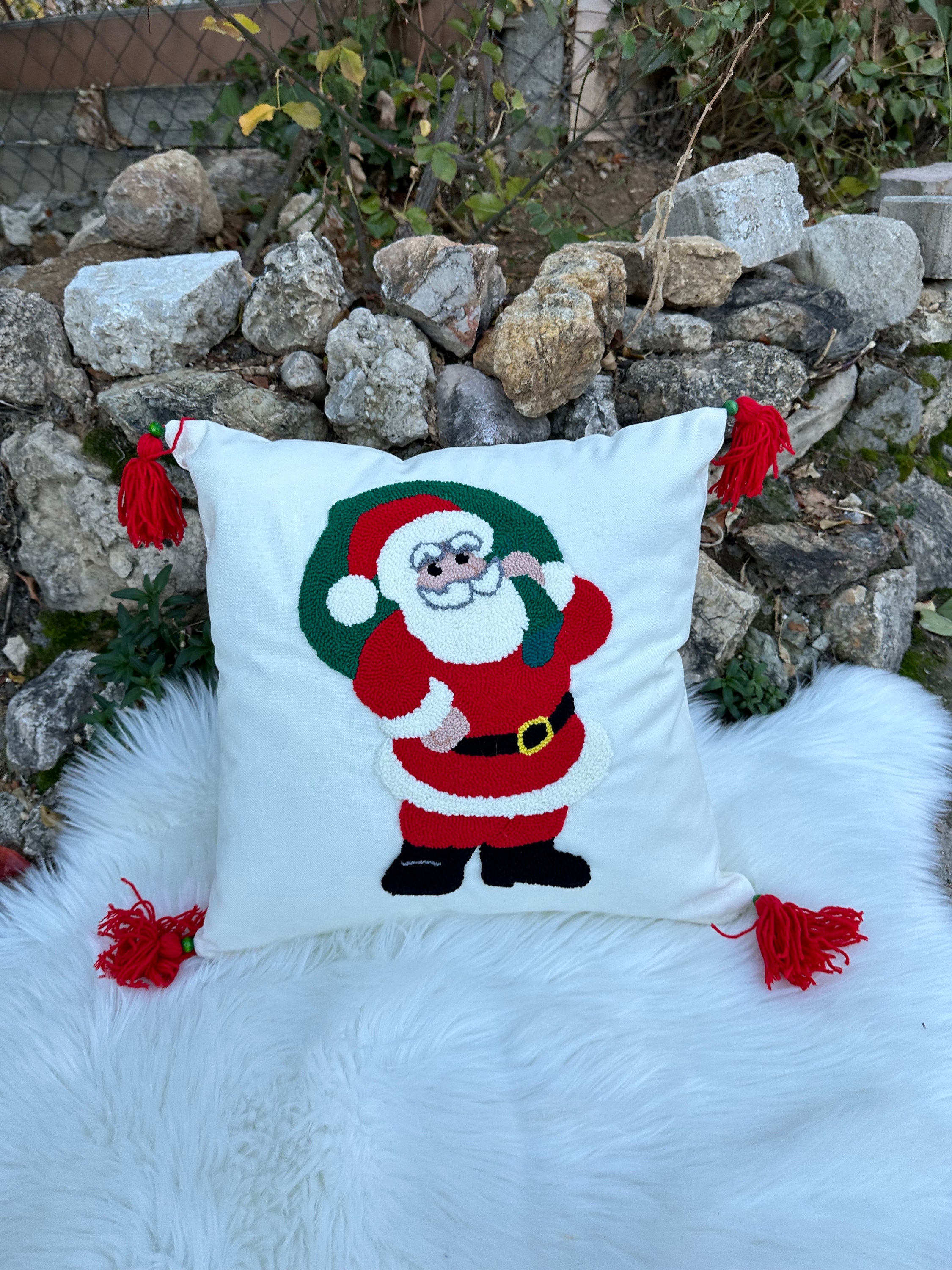 Christmas Embroidered Pillow Cover, Santa Claus Embroidered Pillowcase, Handmade Punch Needle, Fu... — photo 2 of 10
