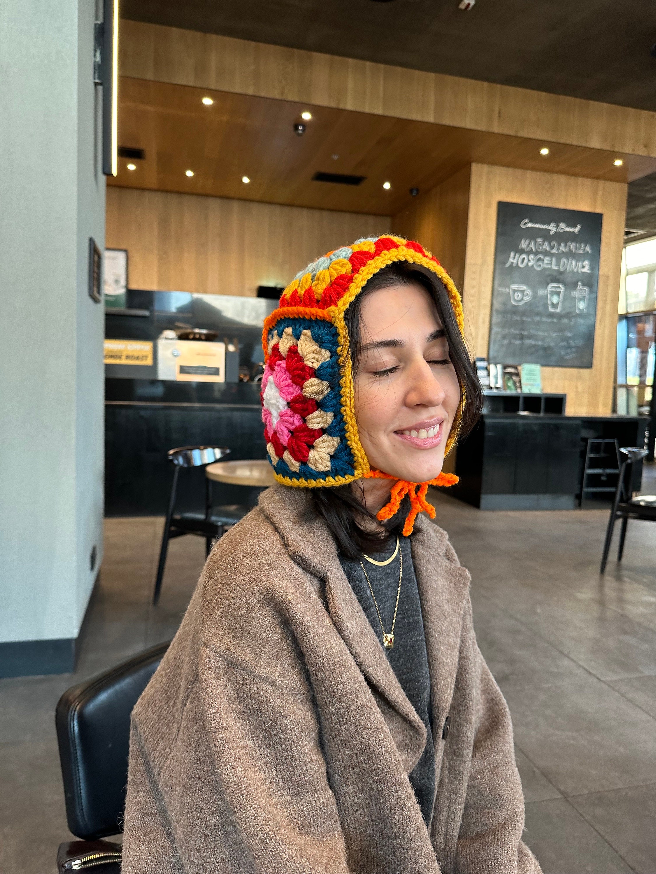 Colorful Chic Balaclava, Handmade Bonnet, Crochet Beret, Warm Winter Bonnet, Granny Square Hat, K... — photo 4 of 10