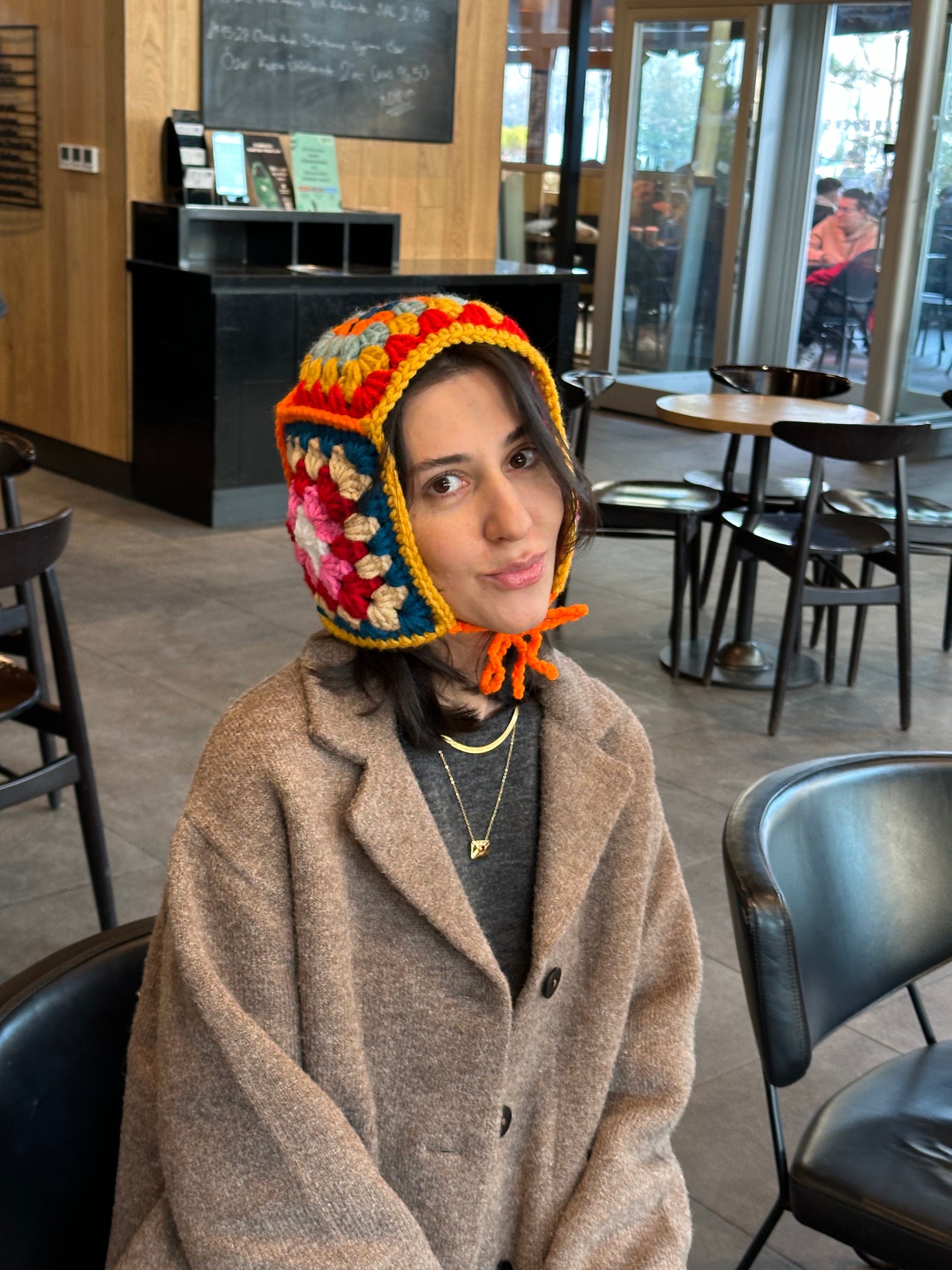 Colorful Chic Balaclava, Handmade Bonnet, Crochet Beret, Warm Winter Bonnet, Granny Square Hat, K... — photo 3 of 10