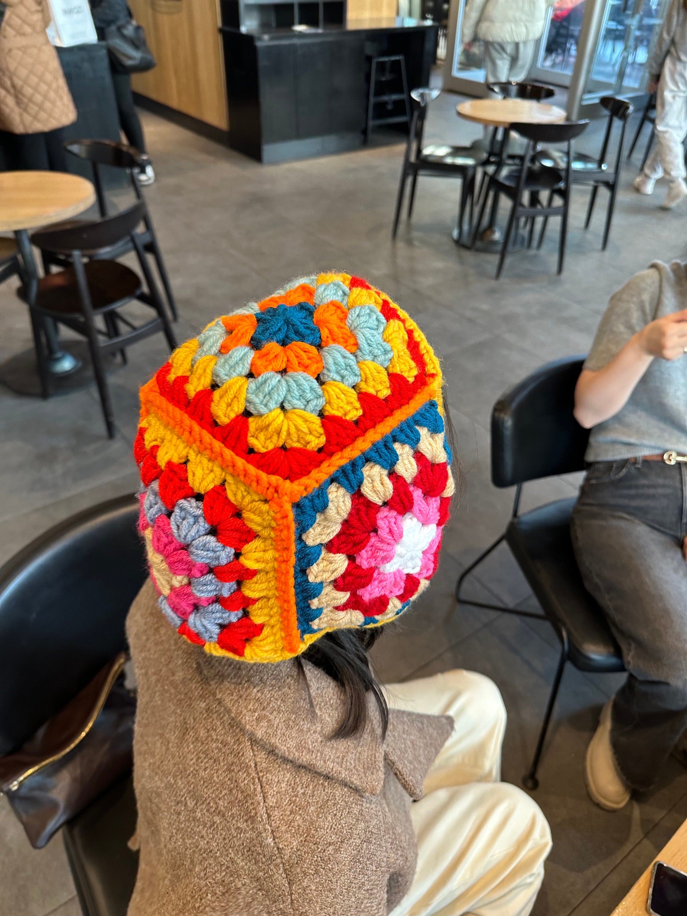 Colorful Chic Balaclava, Handmade Bonnet, Crochet Beret, Warm Winter Bonnet, Granny Square Hat, Knitted Wool Balaclava, Vintage Beret