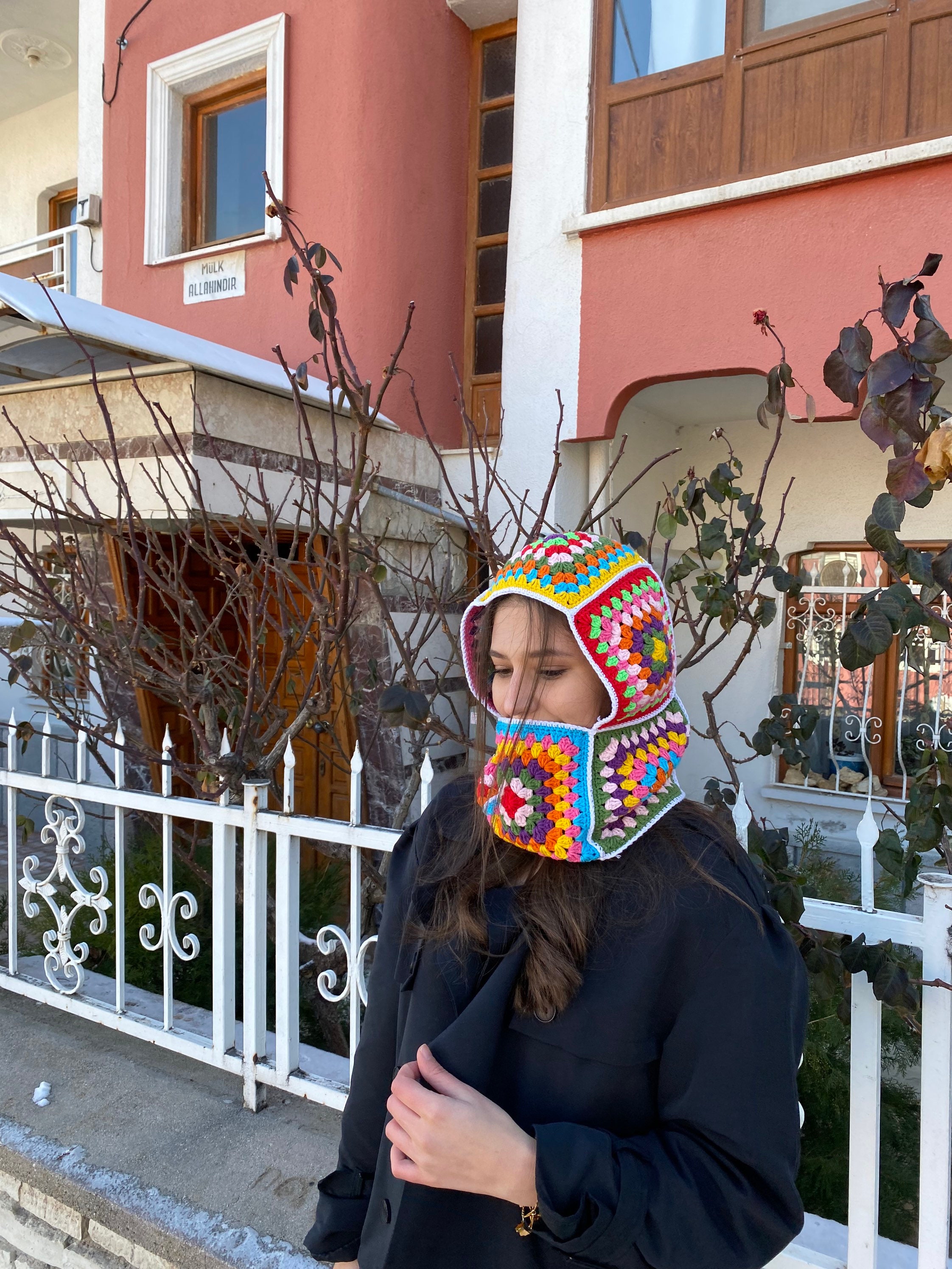 Colorful Granny Square Balaclava, Winter Full Face Mask, Crochet Hoodie, Ski Mask, Granny Square Hoodie, Granny Square Hat, Unisex Balaclava