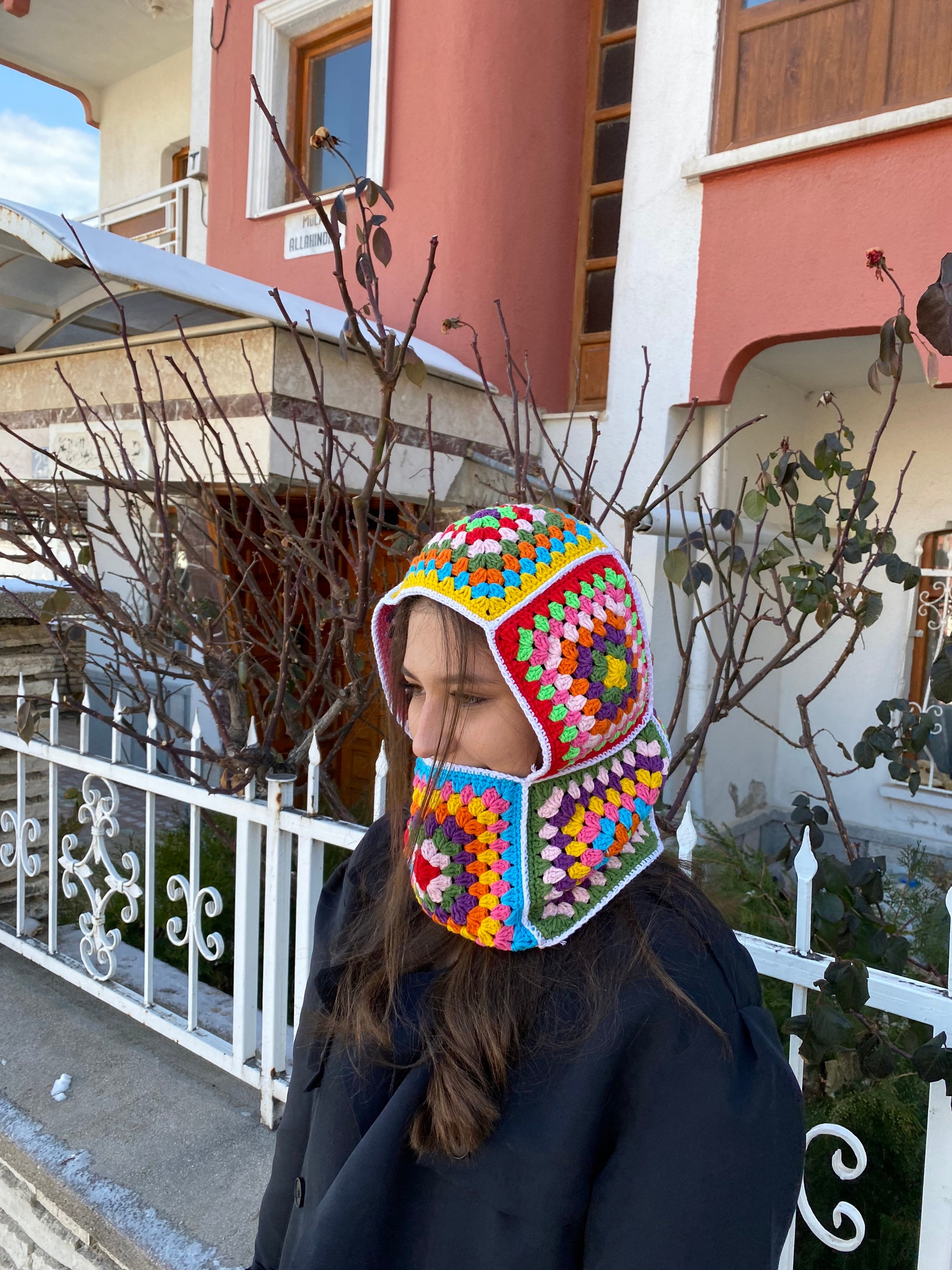 Colorful Granny Square Balaclava, Winter Full Face Mask, Crochet Hoodie, Ski Mask, Granny Square ... — photo 2 of 10