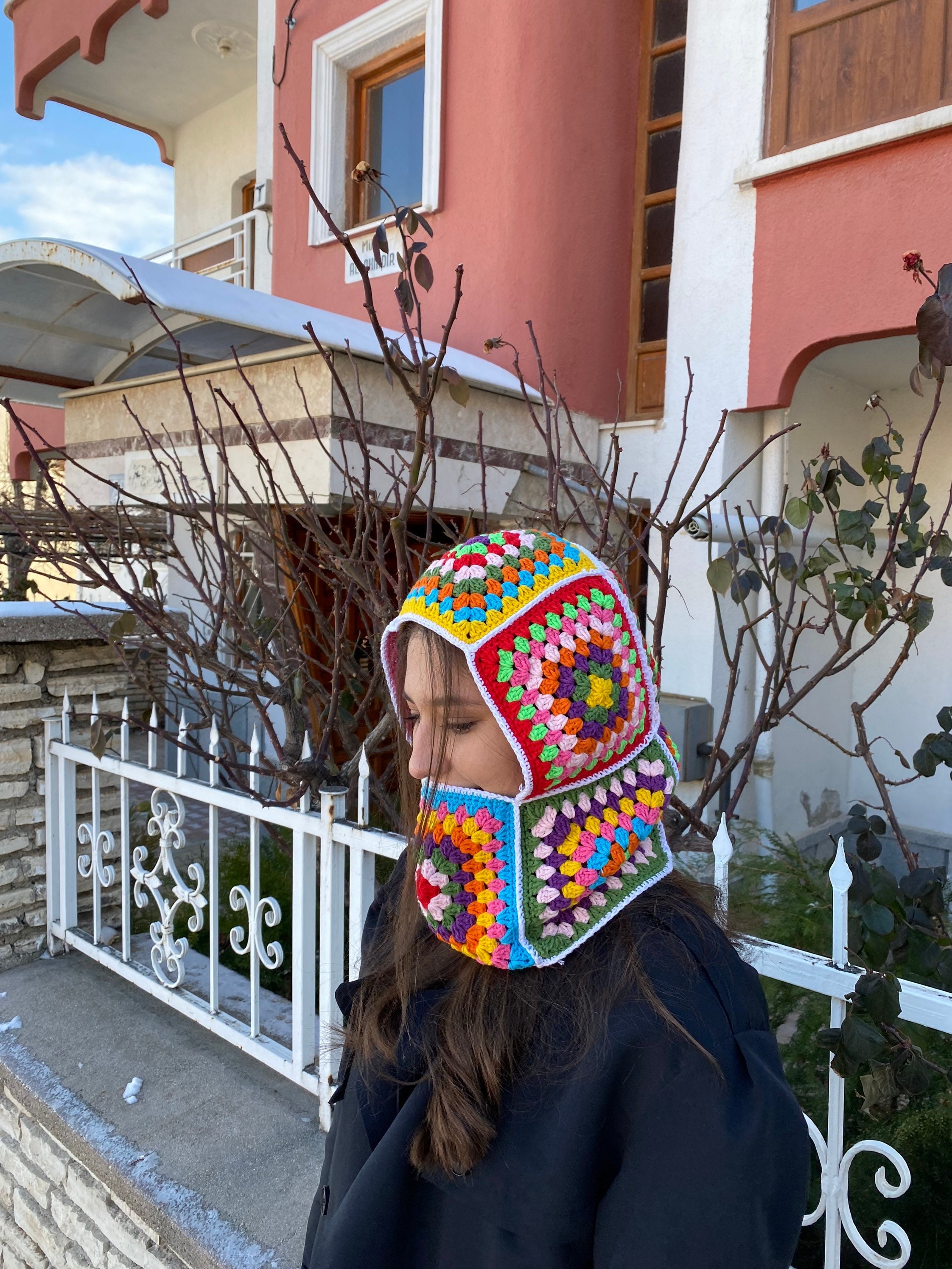 Colorful Granny Square Balaclava, Winter Full Face Mask, Crochet Hoodie, Ski Mask, Granny Square ... — photo 4 of 10