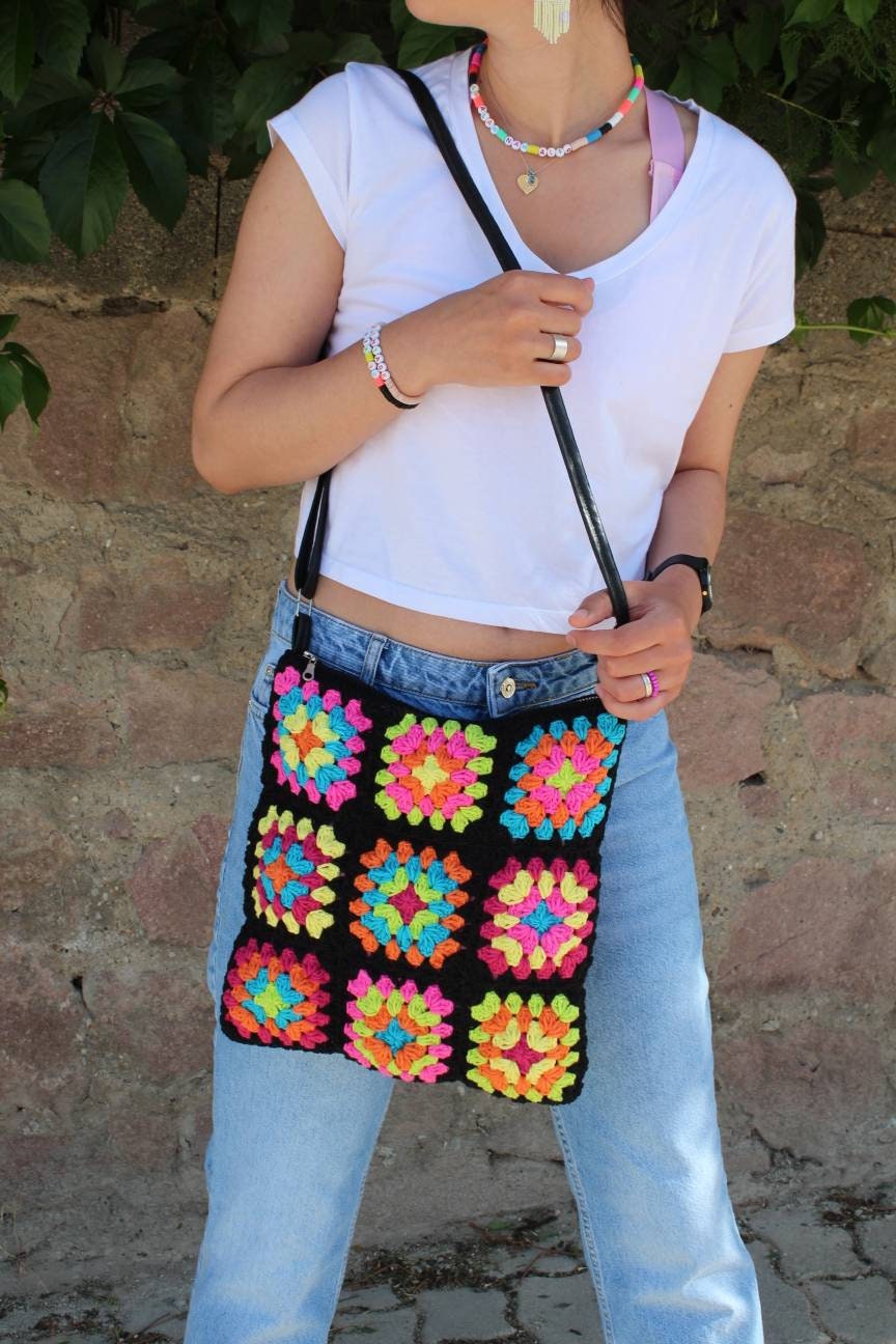 Crochet Bag, Granny Square Bag, Crochet Purse, Boho Bag, Crochet Tote Bag, Hippie Bag, Vintage St... — photo 6 of 10