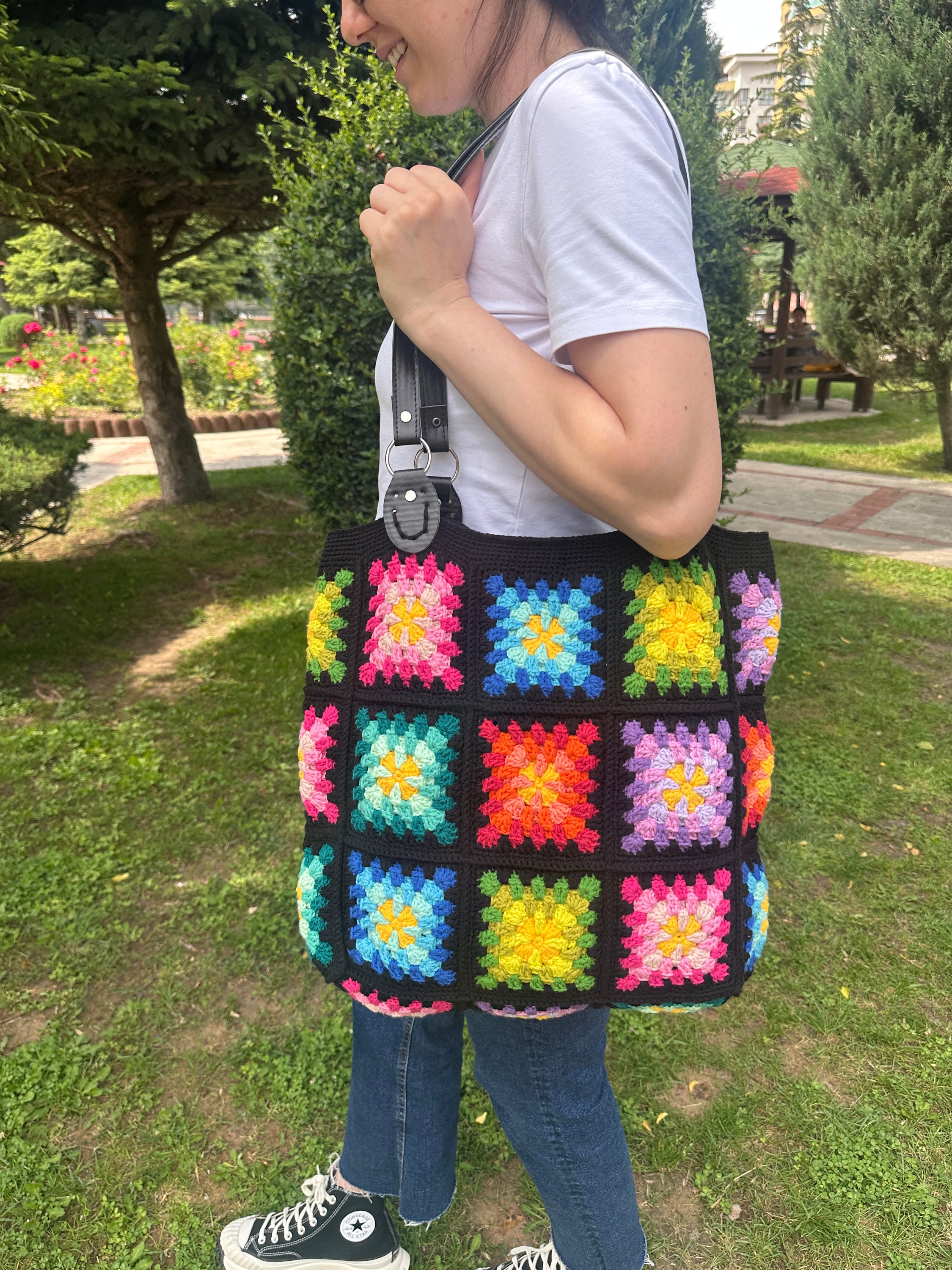 Crochet Bag, Granny Square Bag, Shoulder Purse, Afghan Bag, Mama Stuff Bag, Crochet Tote Bag, Boho Bag, Vintage Handmade Bag, Bag For Women