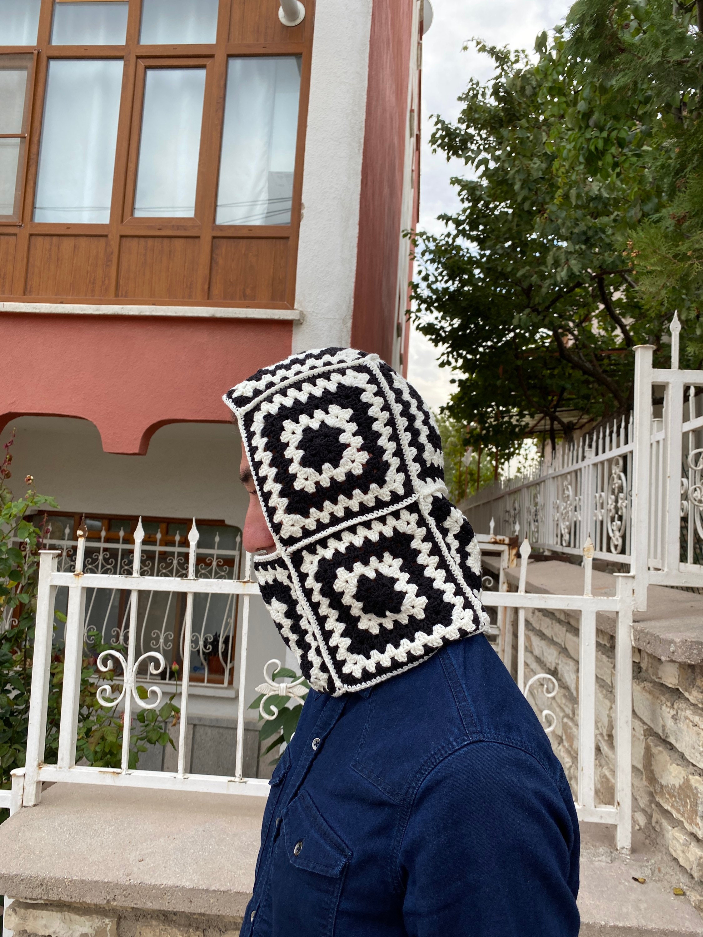 Crochet Balaclava, Granny Square Balaclava, Handmade Black and White Balaclava, Crochet Winter Ha... — photo 6 of 10