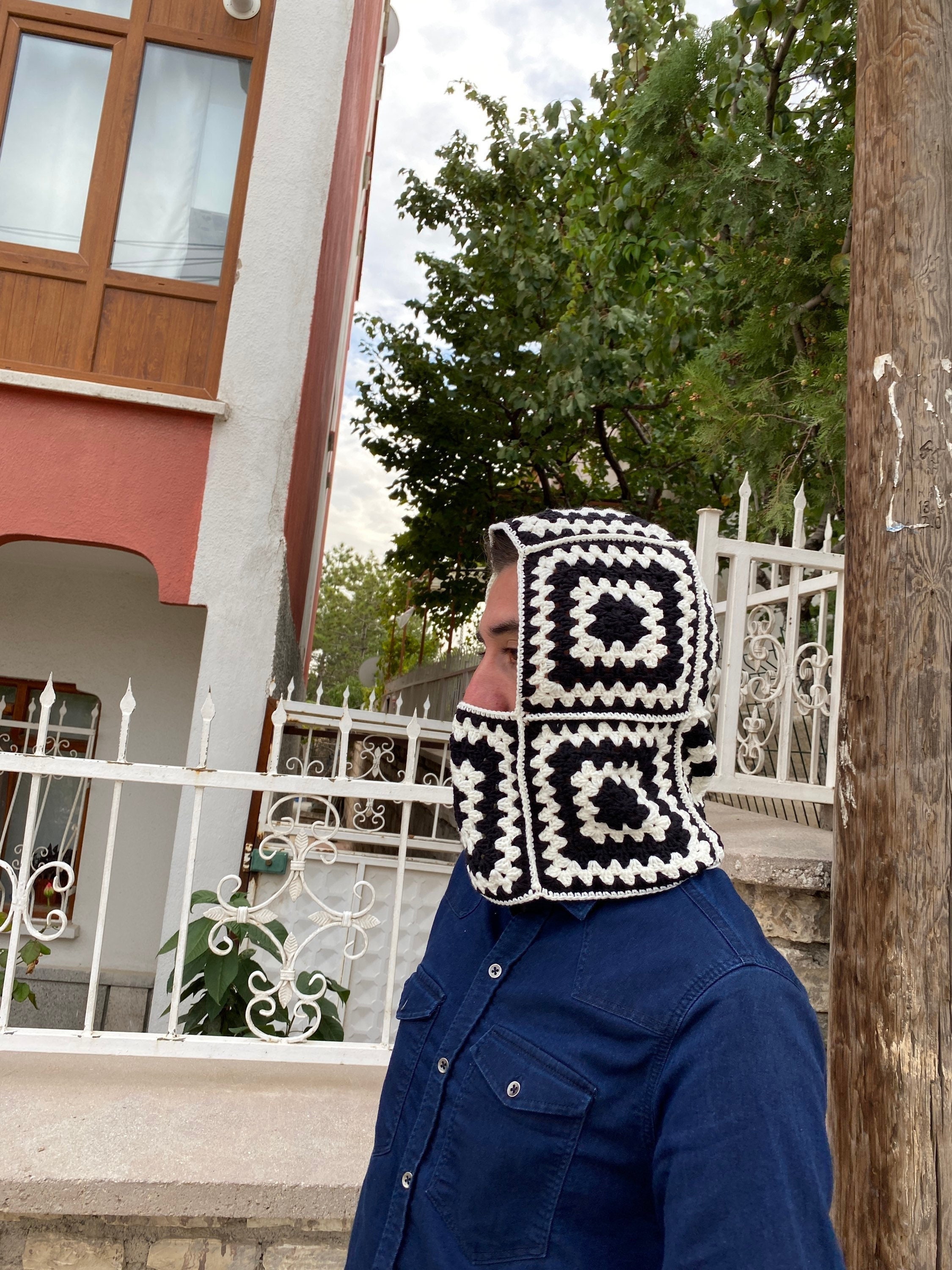 Crochet Balaclava, Granny Square Balaclava, Handmade Black and White Balaclava, Crochet Winter Ha... — photo 7 of 10