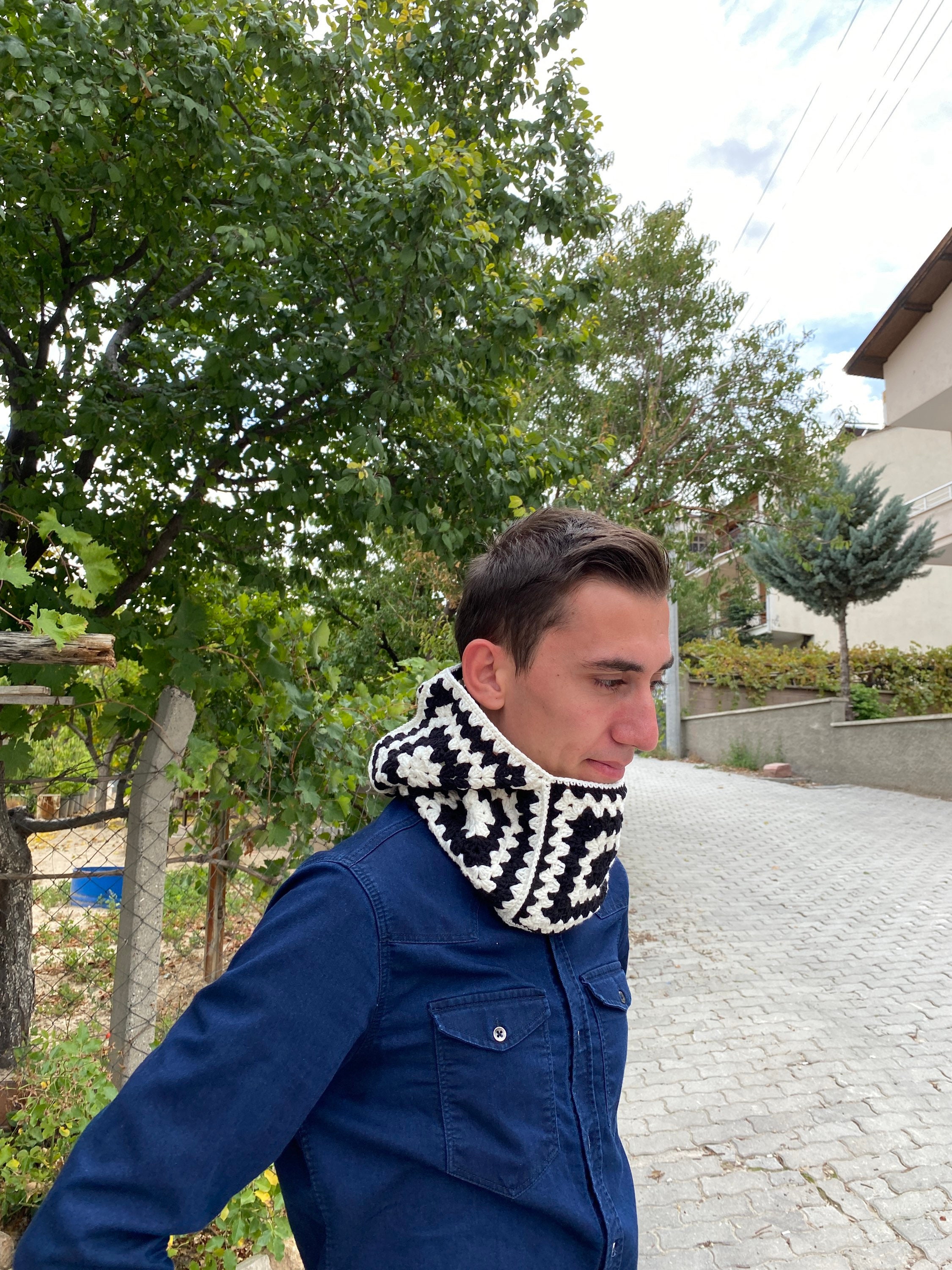 Crochet Balaclava, Granny Square Balaclava, Handmade Black and White Balaclava, Crochet Winter Hat, Unisex Balaclava, Crochet Hoodie, Gift