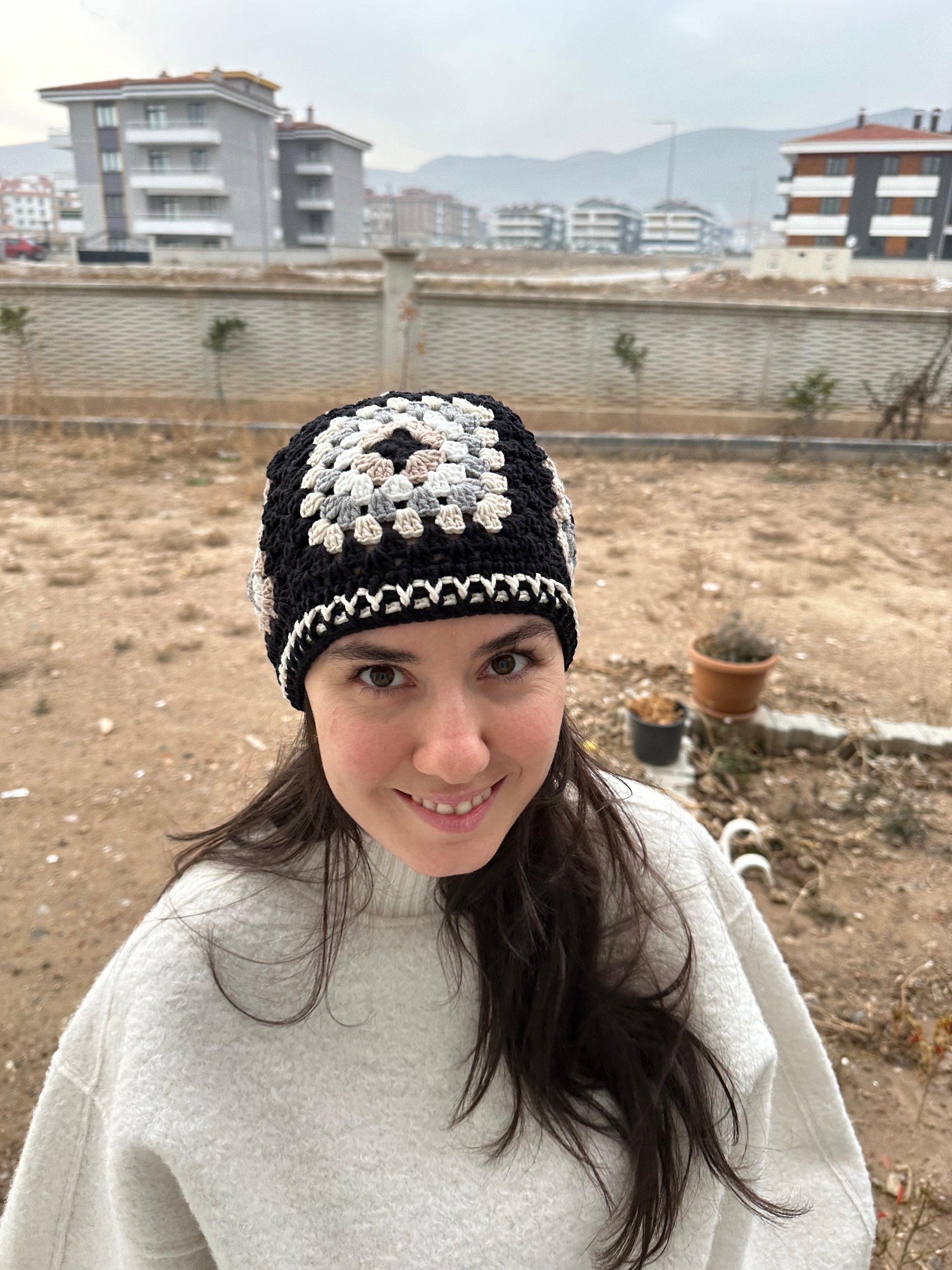 Crochet Beanie, Black and White Hat, Granny Square Hat, Unique 4 Season Hat, Handmade Stylish Hat, Knitted Unisex Hat, Hat Gift for Lover