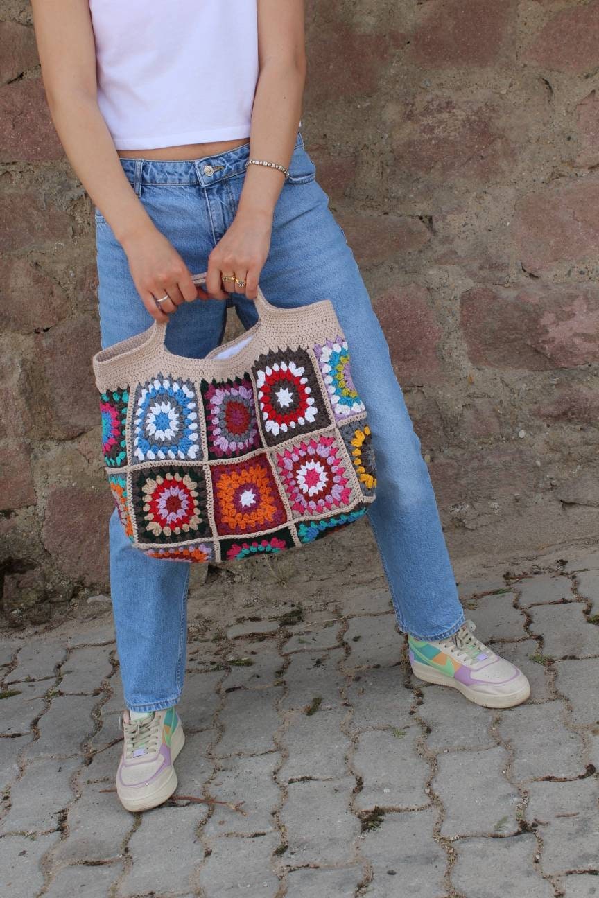Crochet Boho Bag, Granny Square Shoulder Bag, Colorful Hippie Design, Unique Bohemian Retro Purse... — photo 2 of 10