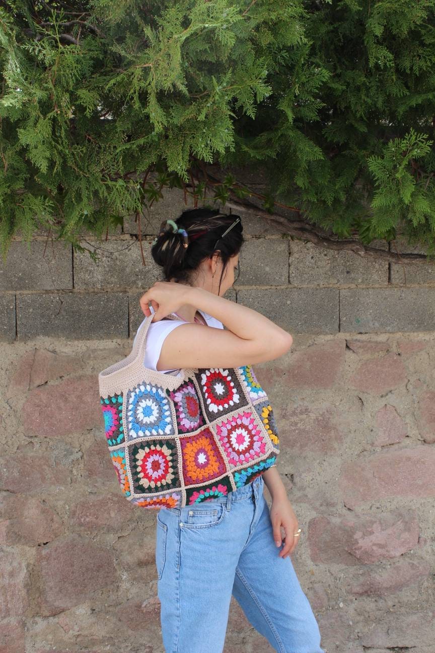 Crochet Boho Bag, Granny Square Shoulder Bag, Colorful Hippie Design, Unique Bohemian Retro Purse... — photo 3 of 10