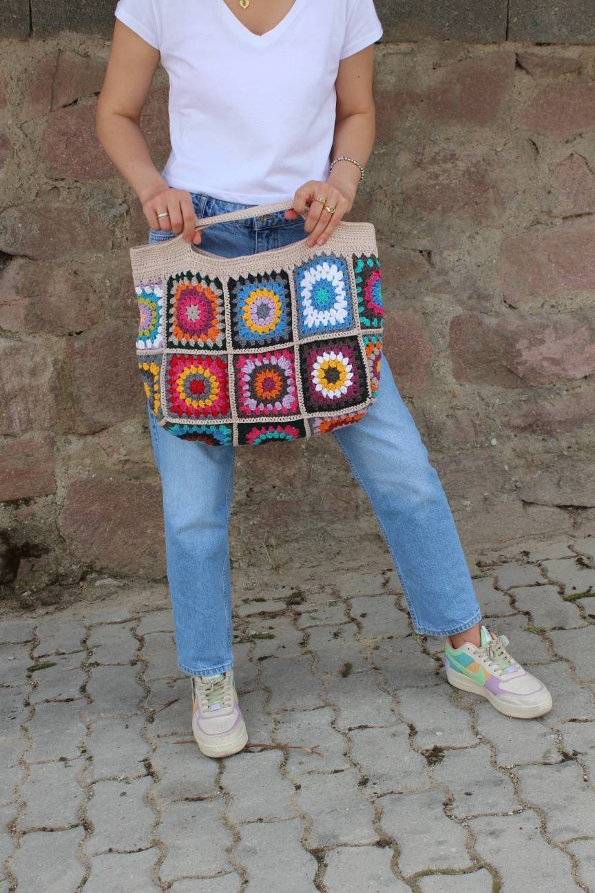 Crochet Boho Bag, Granny Square Shoulder Bag, Colorful Hippie Design, Unique Bohemian Retro Purse... — photo 4 of 10